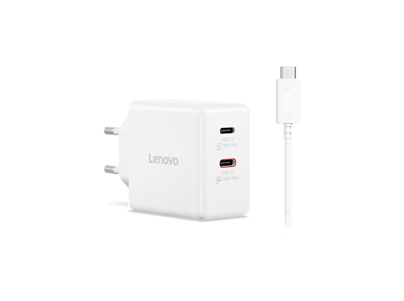 Cargador para portátil - Lenovo Dual USB-C 65W GaN, Universal Portátil, Smartphone, Tablet