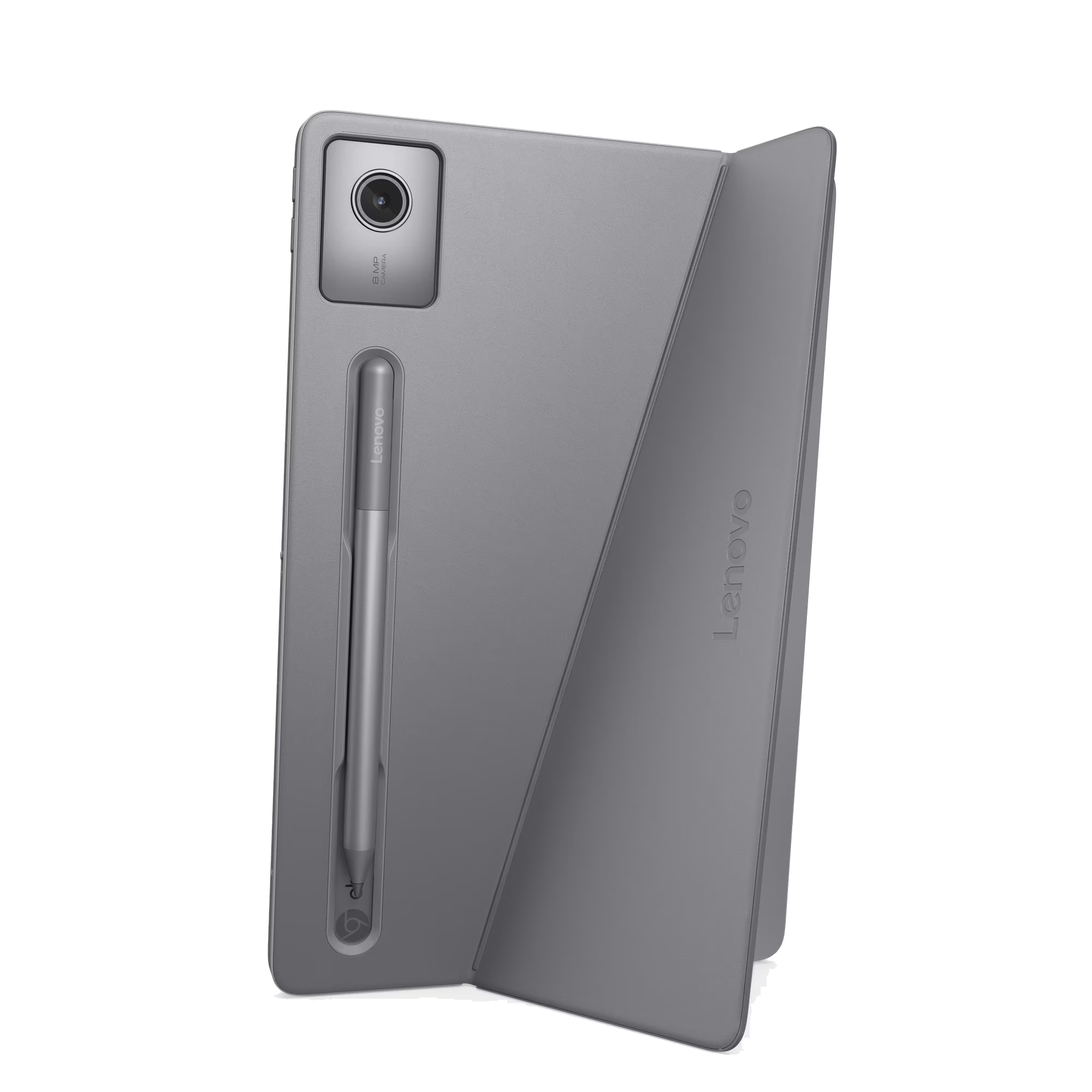 Tablet Lenovo gris con lápiz y cámara sobre fondo negro.
