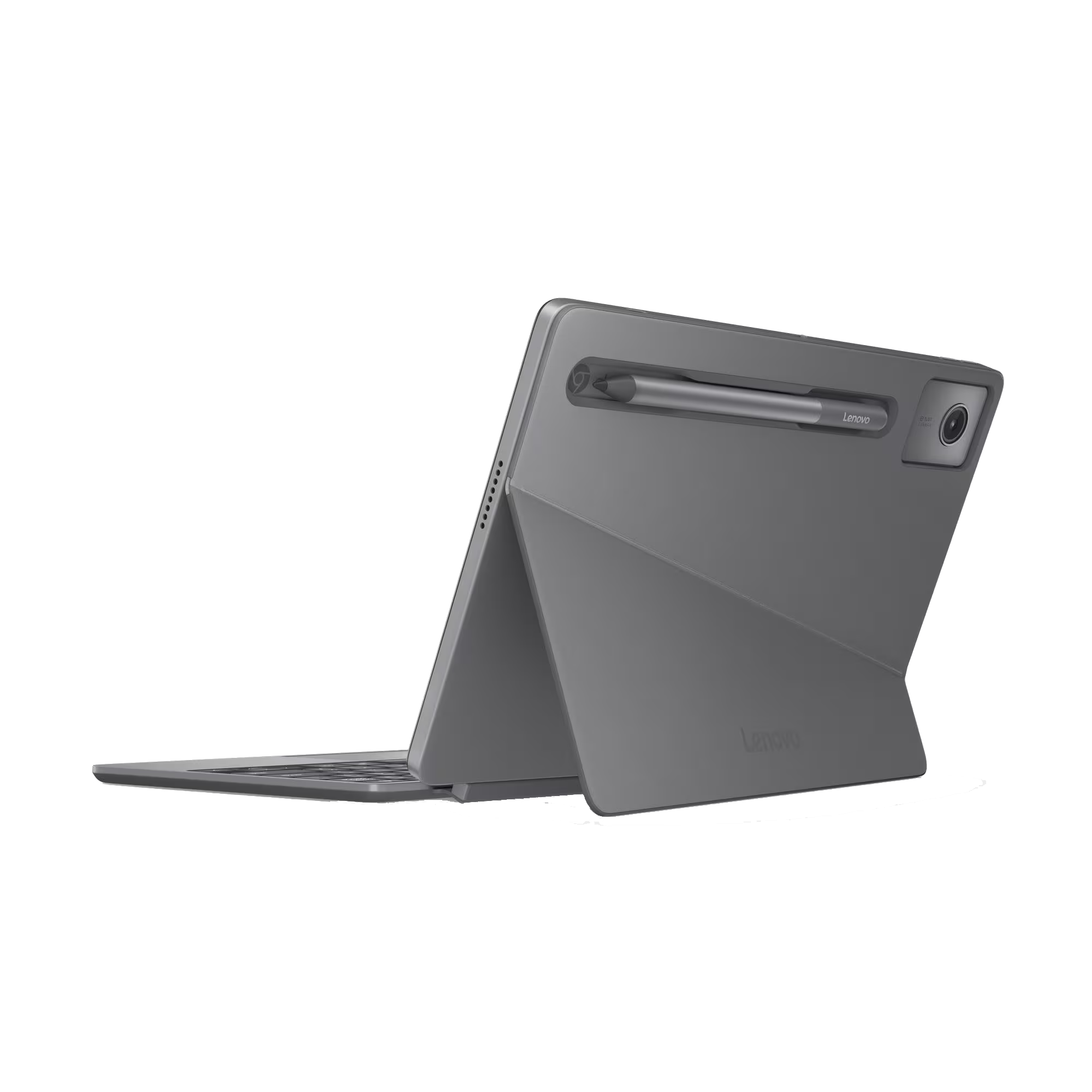 Tableta Lenovo gris con lápiz óptico y teclado en soporte.