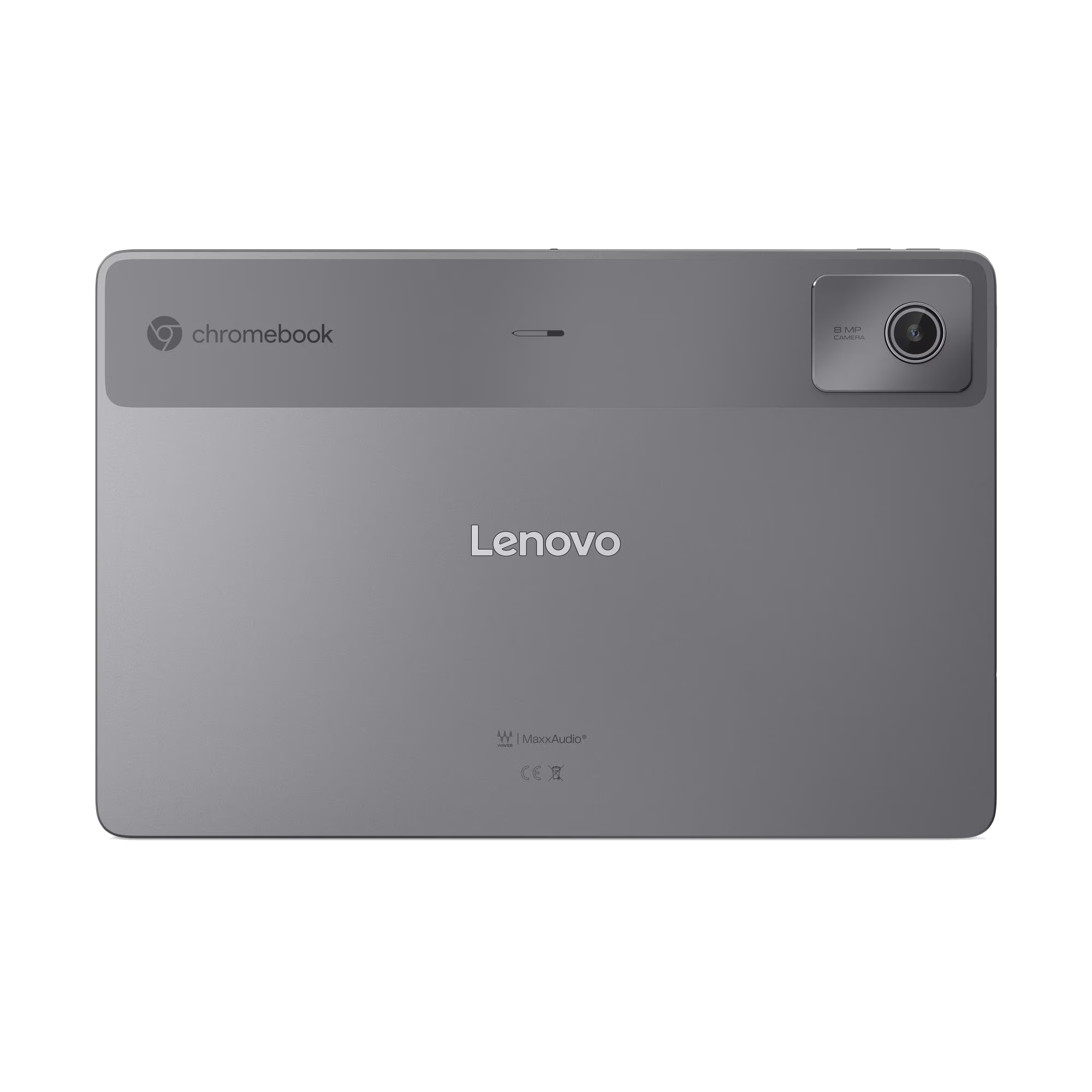 Parte trasera de una tablet Lenovo Chromebook gris con cámara y logo.