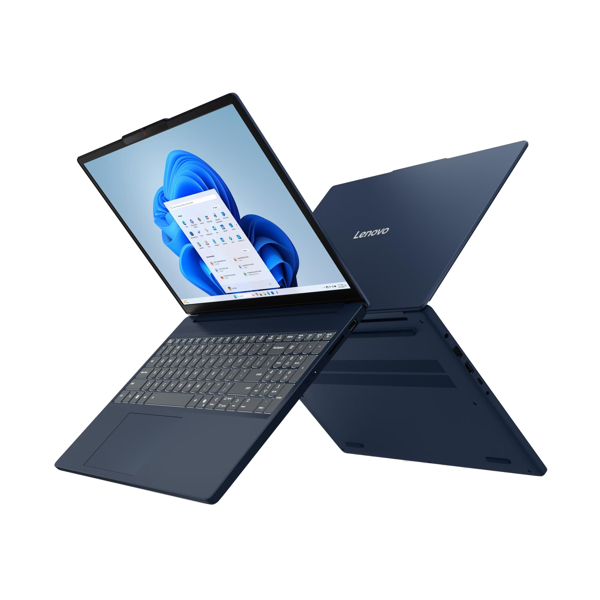 Un portátil Lenovo azul oscuro está abierto, mostrando el teclado y la pantalla.