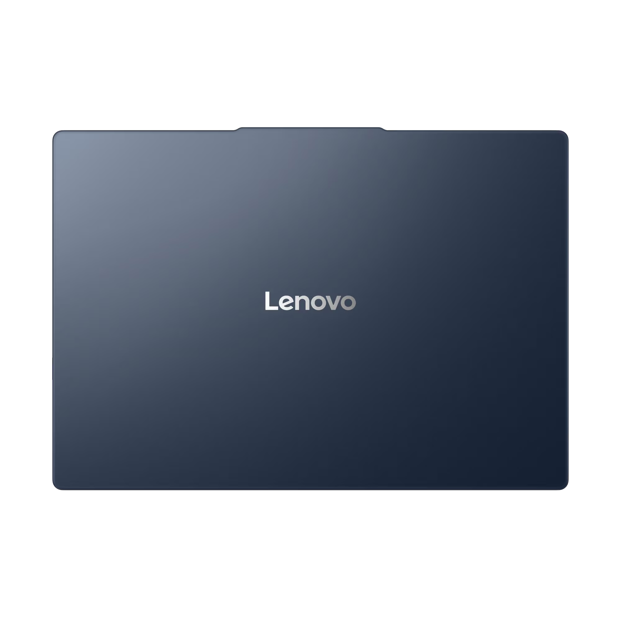 Un portátil Lenovo cerrado, azul oscuro, con logo plateado en la tapa.