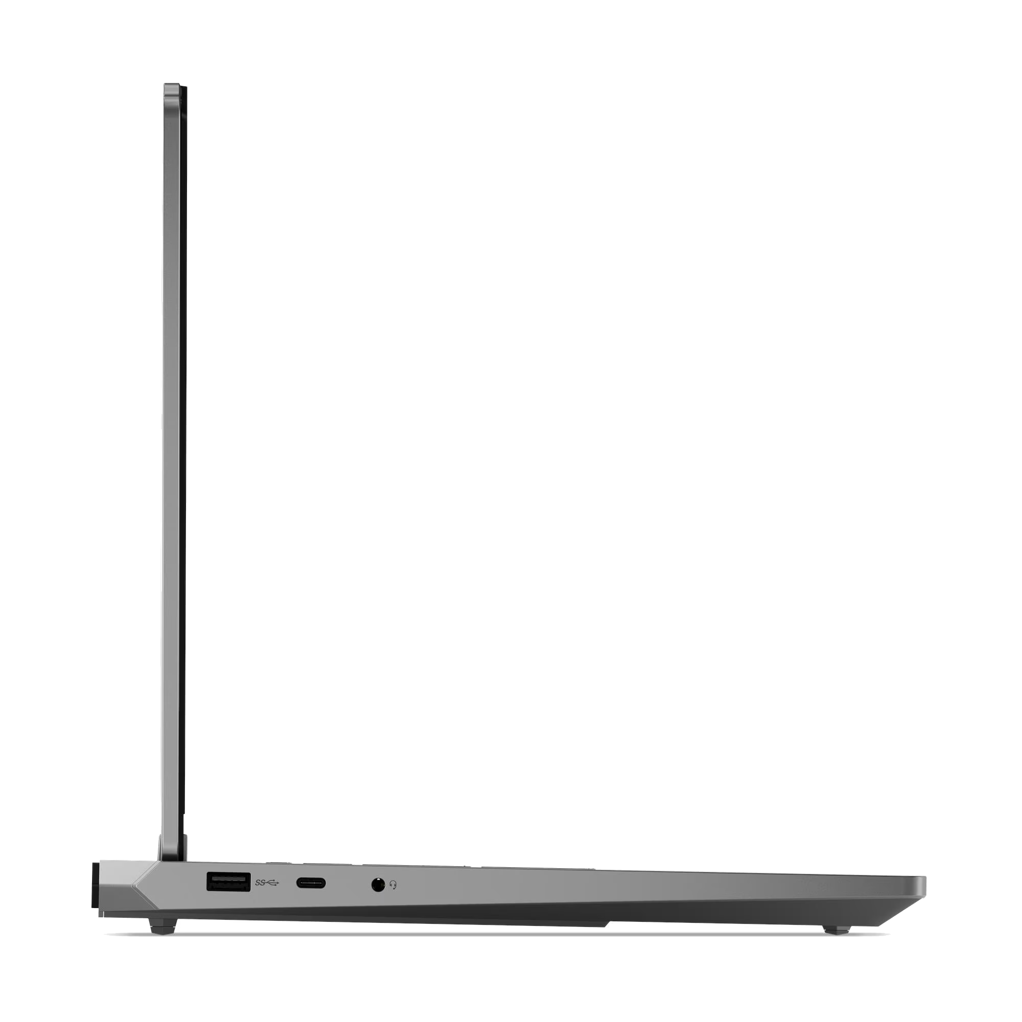 Vista lateral de un portátil plateado que muestra puertos USB-C, USB-A y de auriculares.