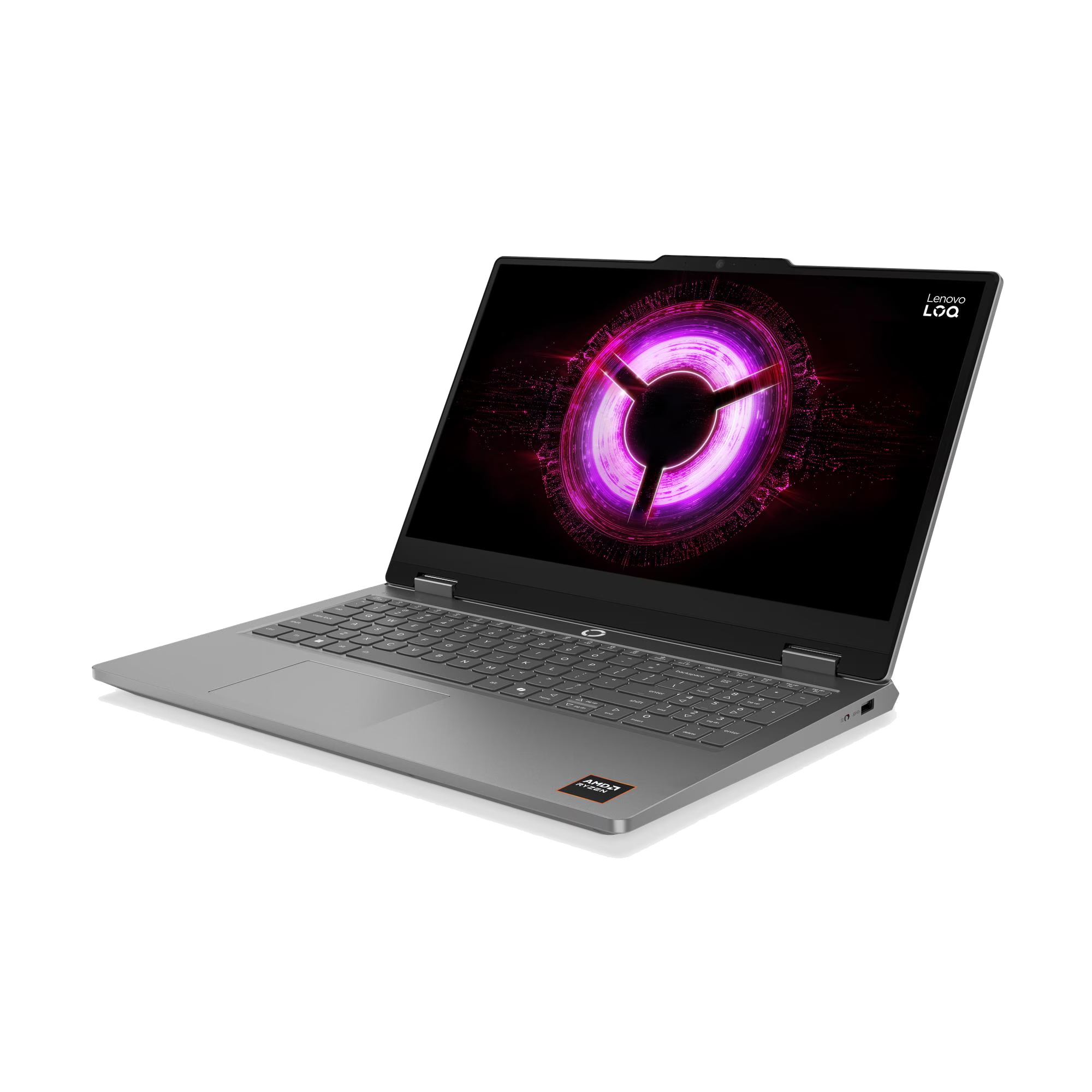 Un portátil gris abierto que muestra un patrón circular púrpura en su pantalla.