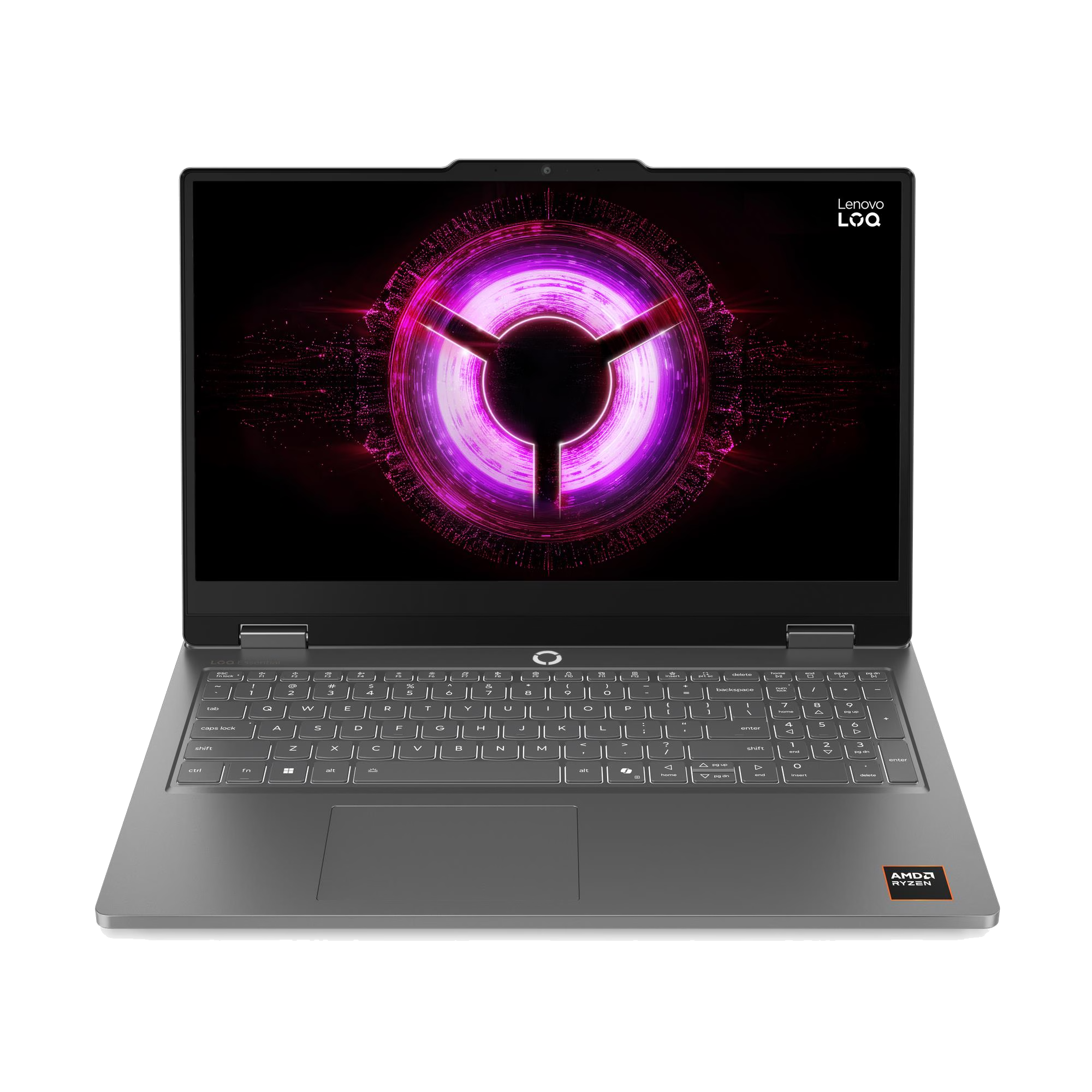 Un portátil con un diseño de anillo morado y brillante en su pantalla.