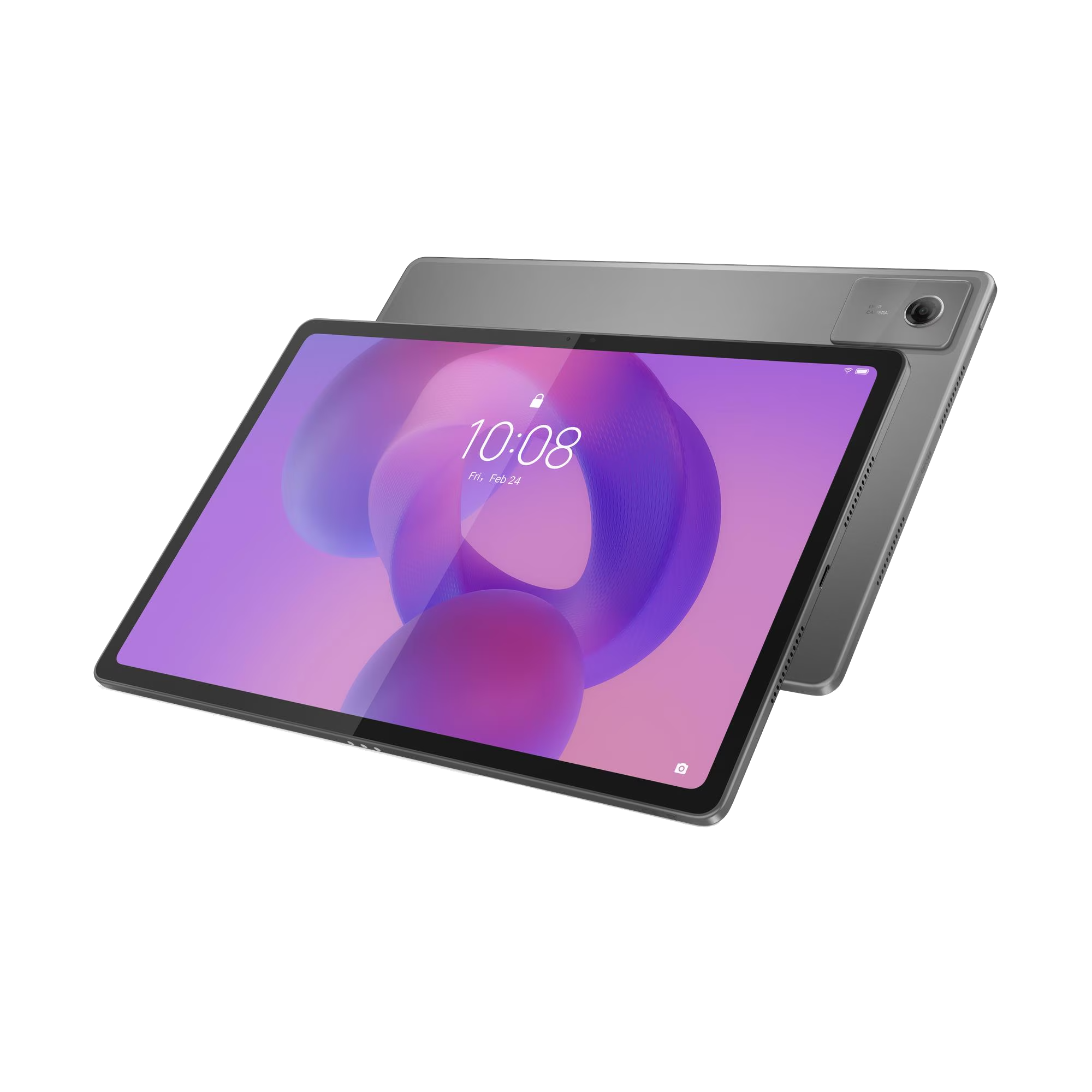 Una tableta gris con fondo morado y hora 10:08.
