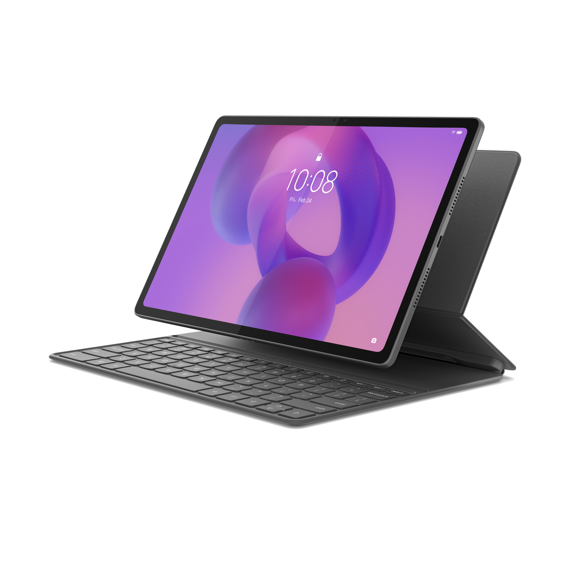 Una tableta con teclado, mostrando las 10:08 en un fondo morado.