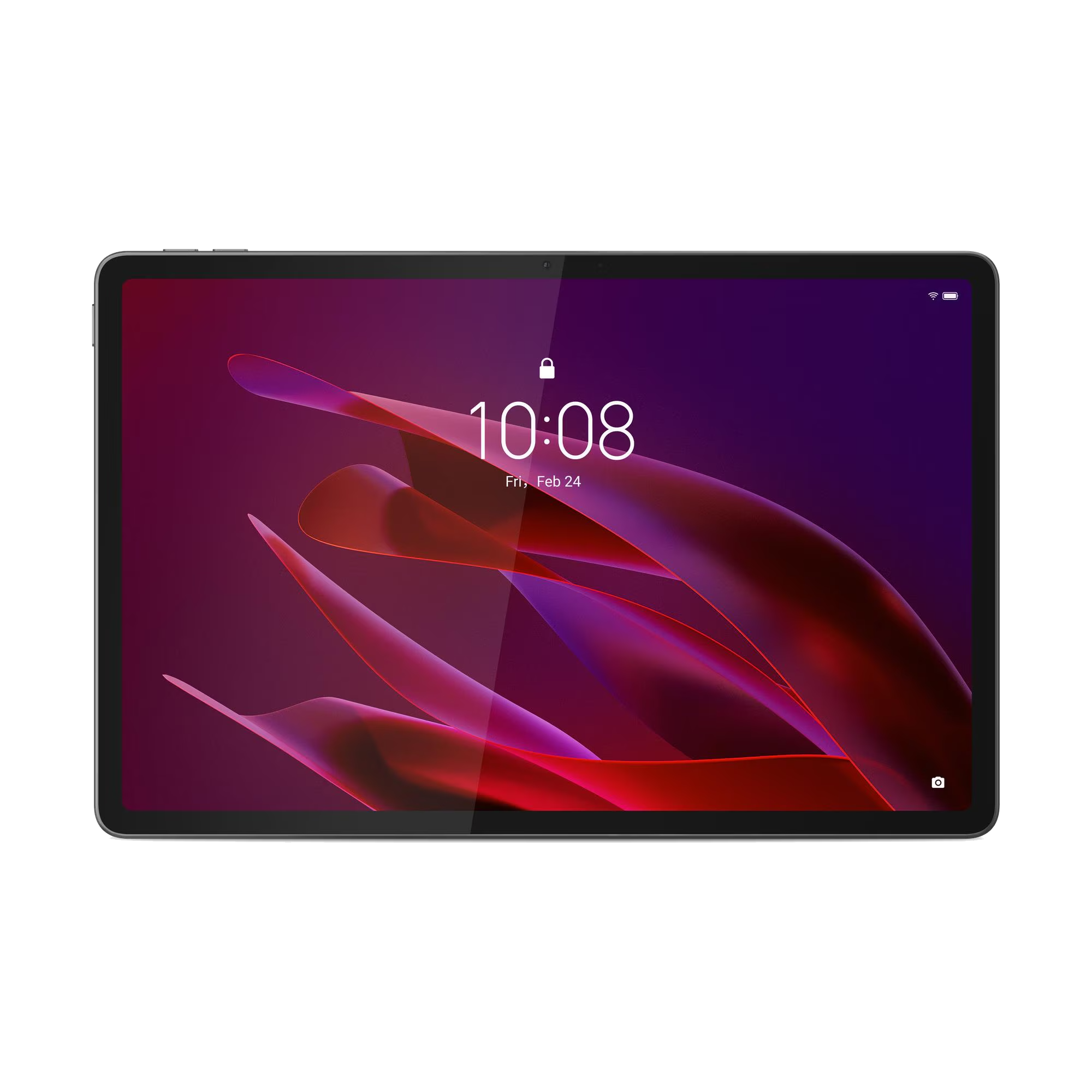 Una tableta con fondo rojo púrpura muestra las 10:08 y vie, 24 feb.