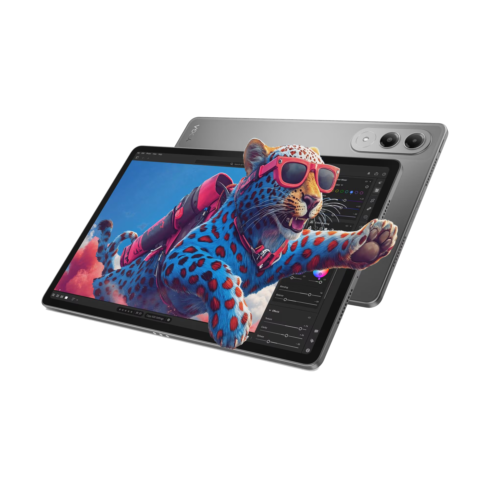 Un leopardo azul con manchas rojas, gafas de sol y mochila en una tableta.