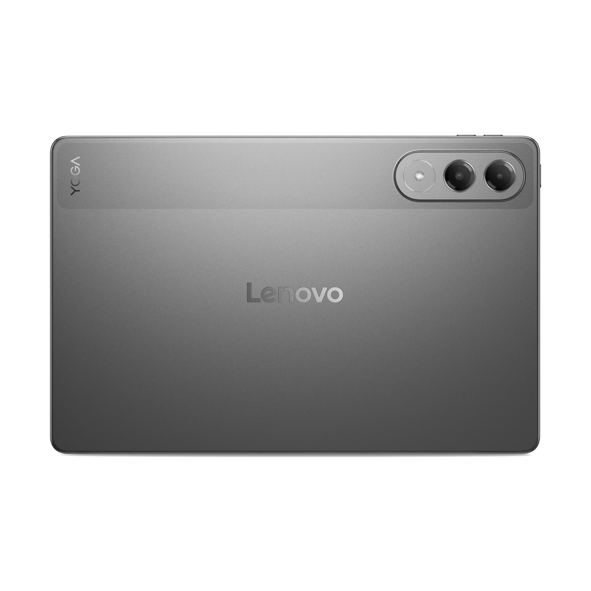 Vista trasera tableta Lenovo Yoga gris, con cámaras duales y flash.