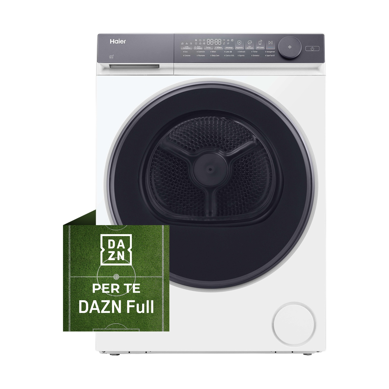 Un'asciugatrice Haier bianca con oblò e pannello di controllo scuri. Un logo DAZN è accanto.
