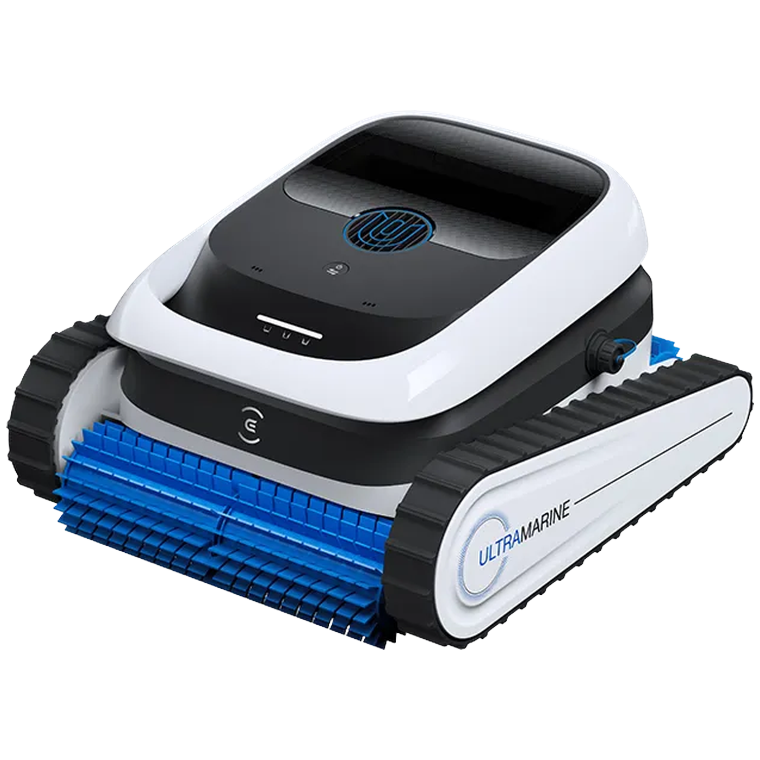 Een witte en zwarte zwembadrobot met blauwe borstels en rupsbanden.