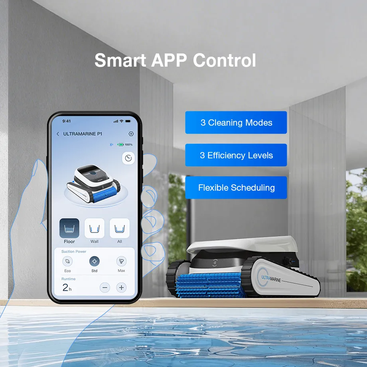 Een smartphone toont een zwembadreinigingsapp naast een zwembadreinigingsrobot.
