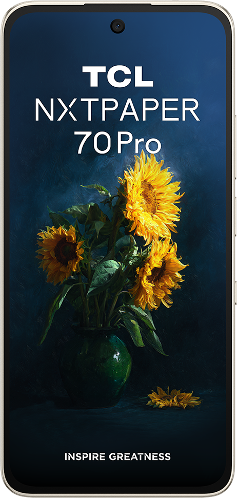 TCL NXTPAPER 70Pro napraforgókkal egy vázában, sötét háttéren.