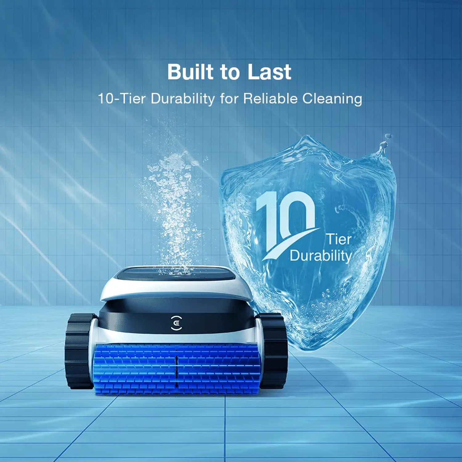 Een zwembadrobot met blauwe borstel naast een schild met "10 Tier Durability".