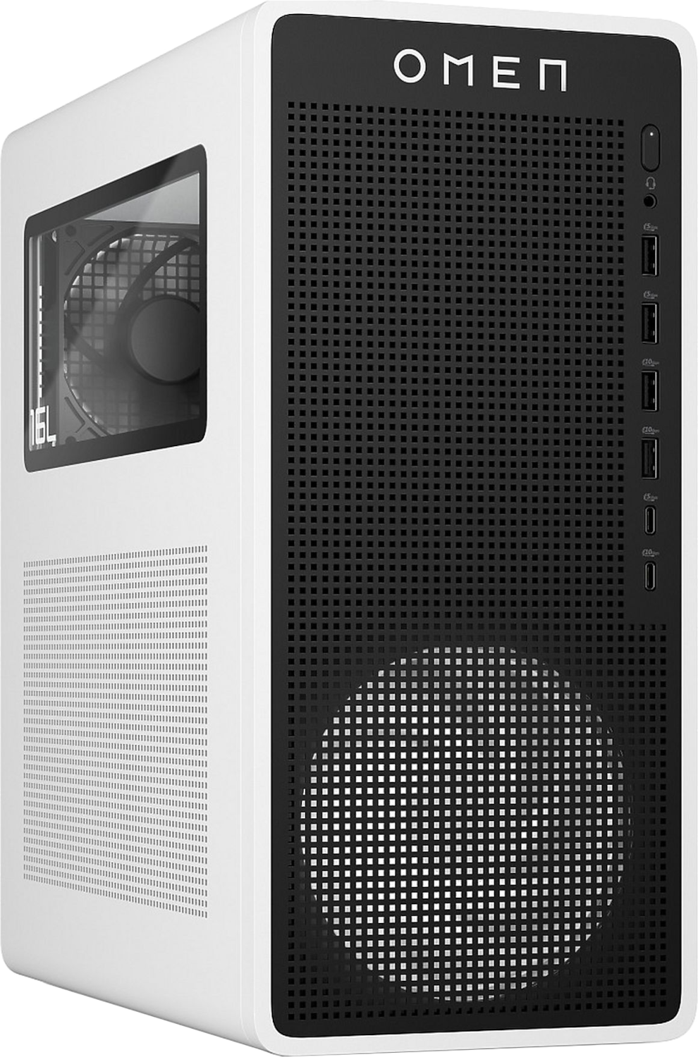 Witte OMEN pc-toren met zwart voorpaneel, USB-poorten en grote ronde ventilatieopening.
