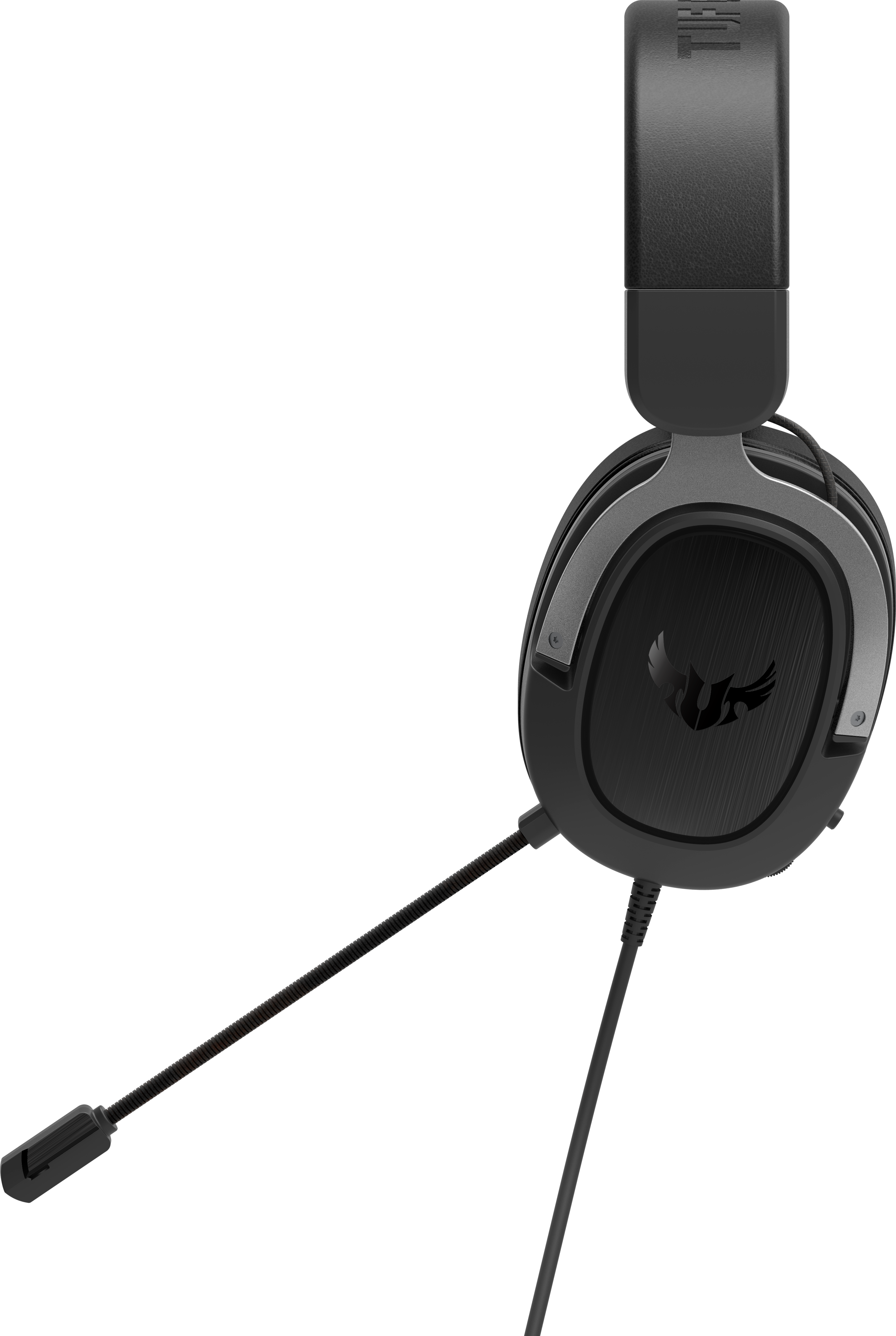 Cuffie da gaming nere con microfono e accenti argentati, logo TUF.