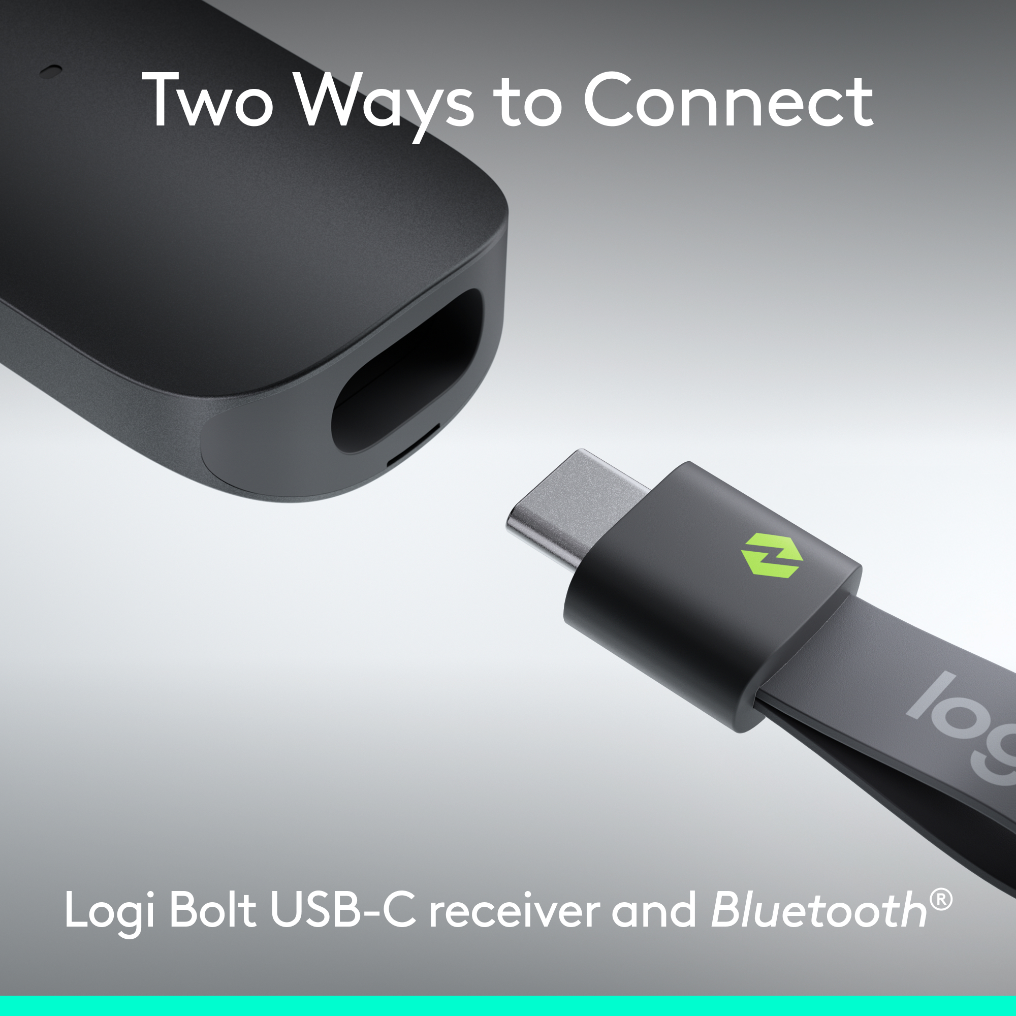 Logi Bolt USB-C Empfänger und Bluetooth. Zwei Verbindungsoptionen.