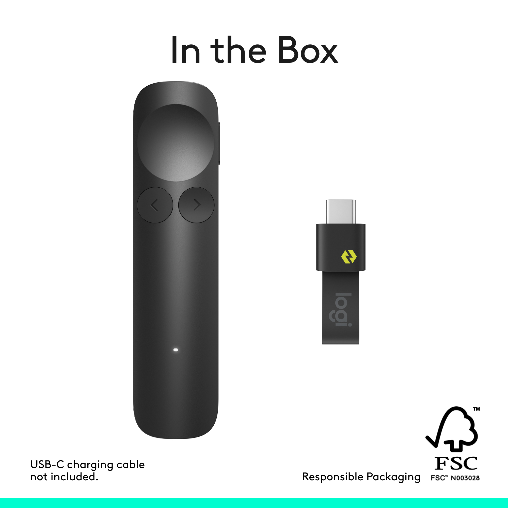 Schwarzer Presenter und USB-C Dongle. Ladekabel nicht enthalten.