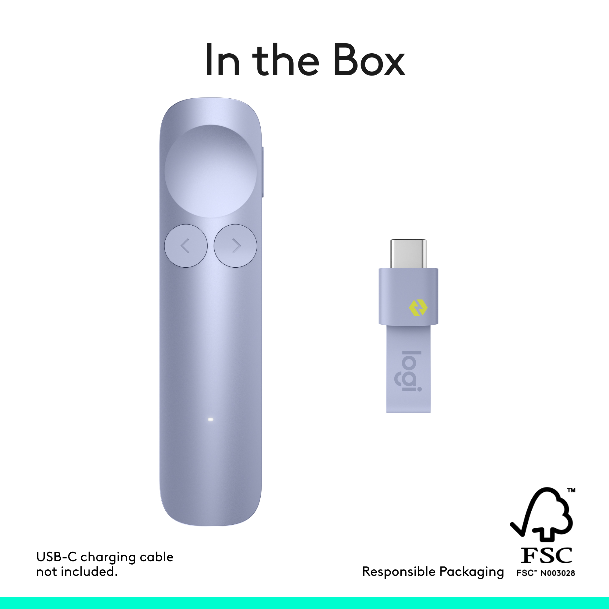 Ein lila Presenter und USB-C-Empfänger sind abgebildet. Kabel nicht inkl.