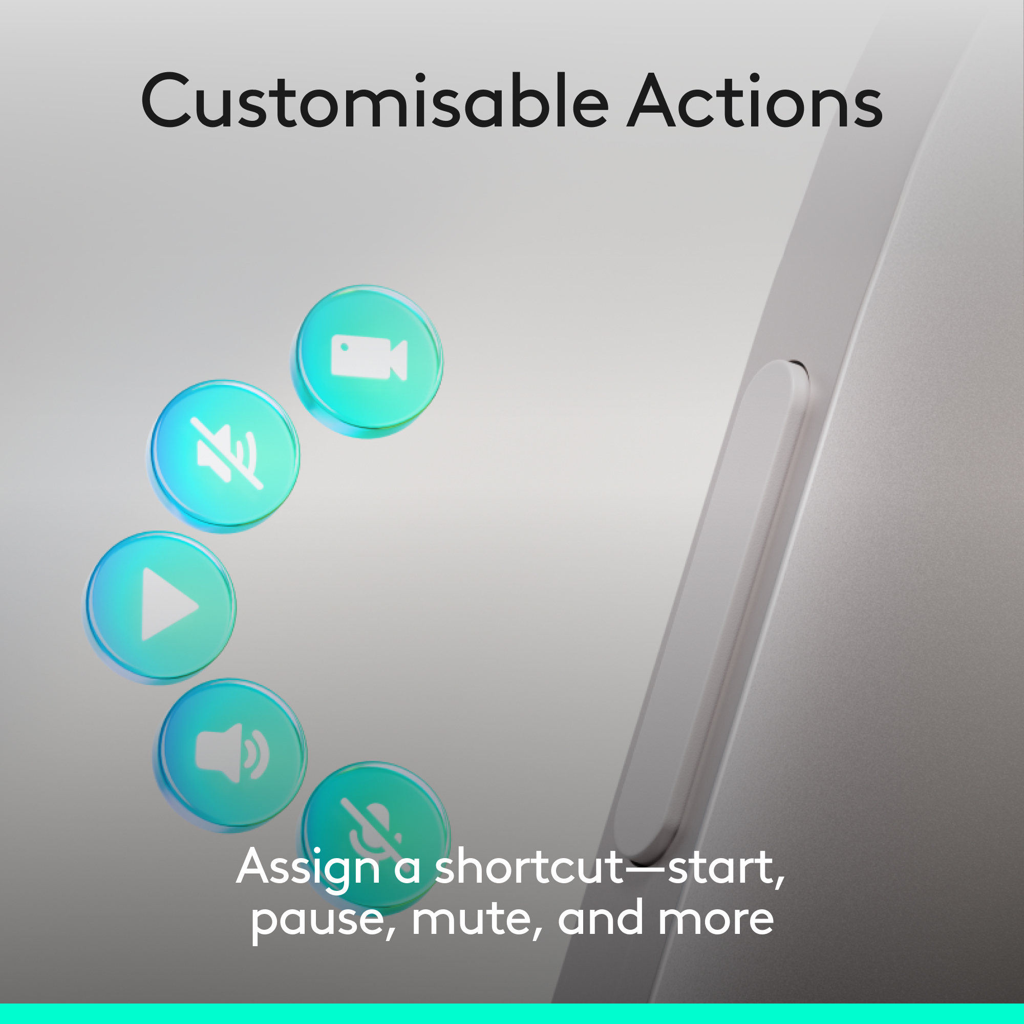 Icons für Video, Mute, Play und Lautstärke neben einem Gerät.