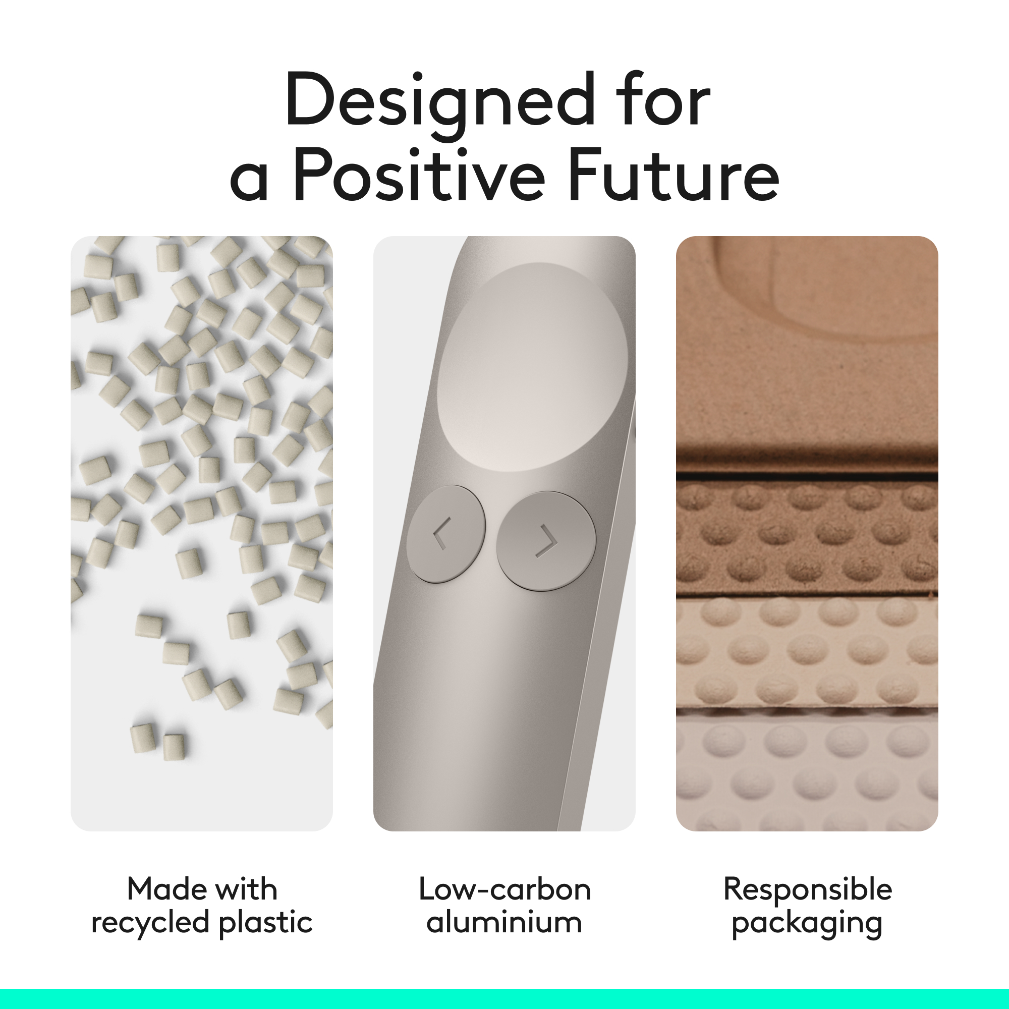 Drei Tafeln zeigen: recycelte Plastikpellets, eine metallische Fernbedienung und Schichtverpackungen.