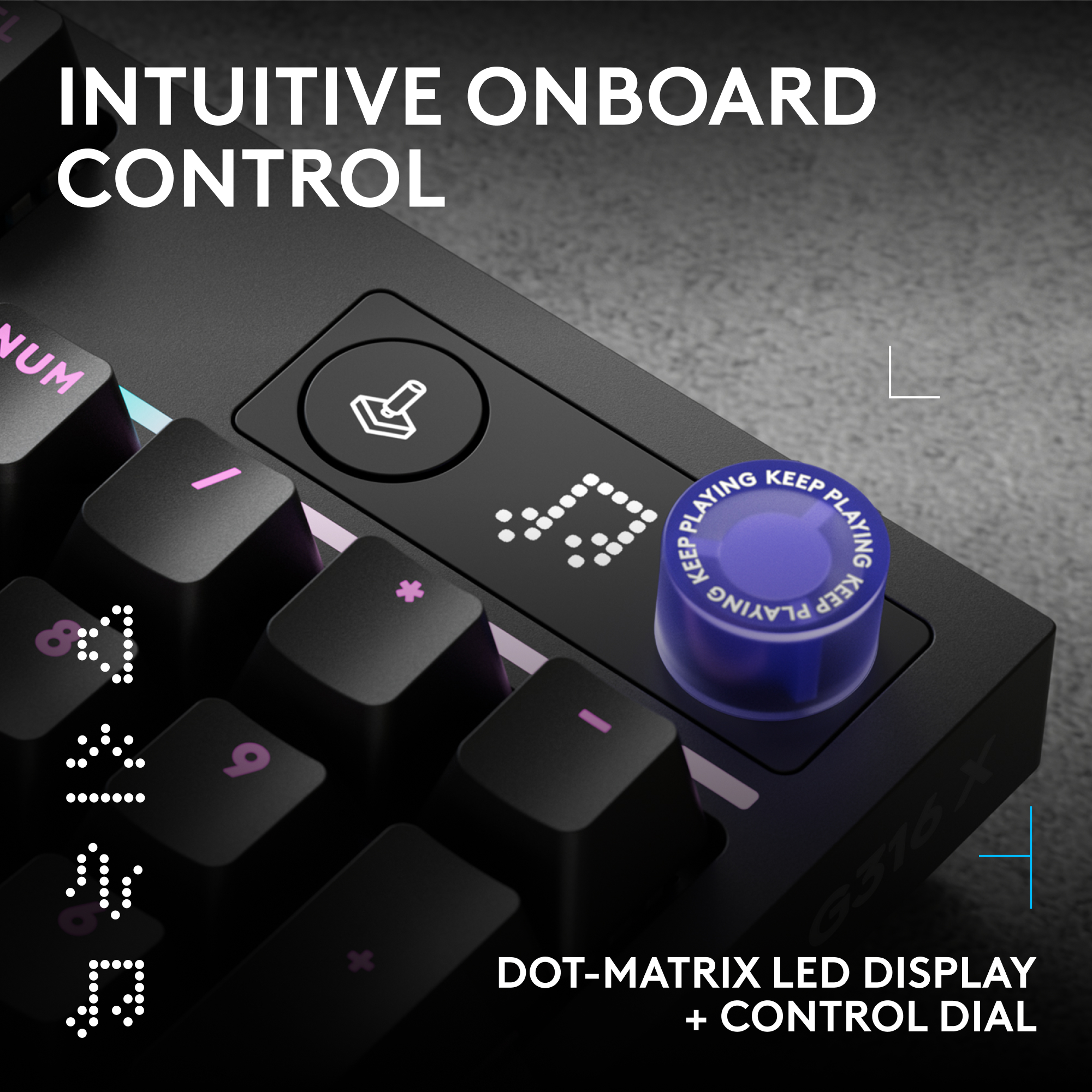 Gros plan d'un clavier noir avec molette de contrôle bleue et écran LED matriciel.
