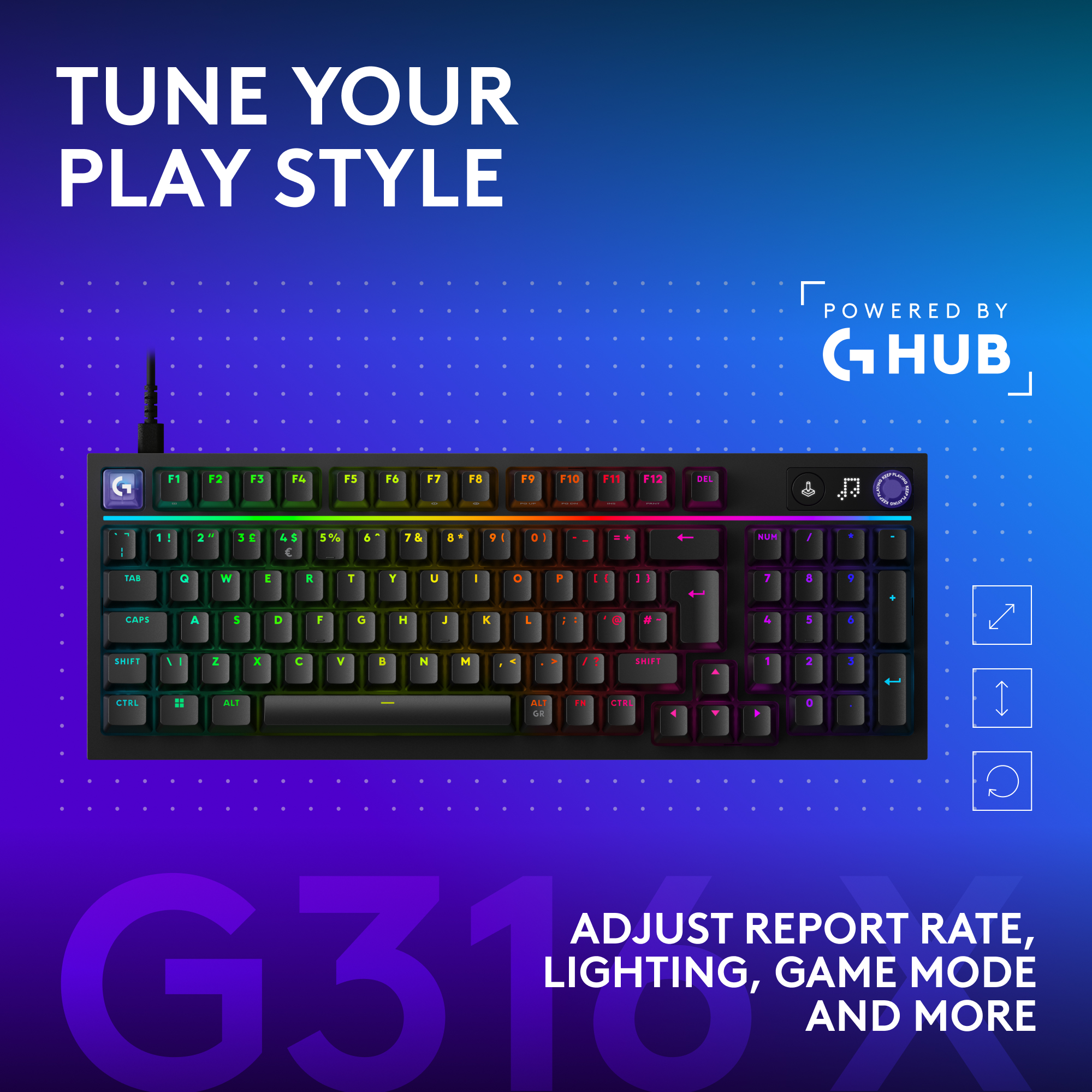 Clavier noir avec éclairage RVB coloré, alimenté par GHUB.