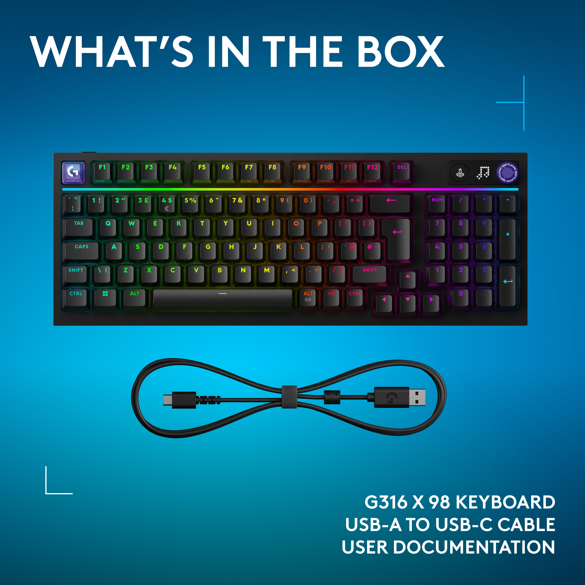 Clavier noir G316 X 98 avec éclairage RVB et câble USB-C.