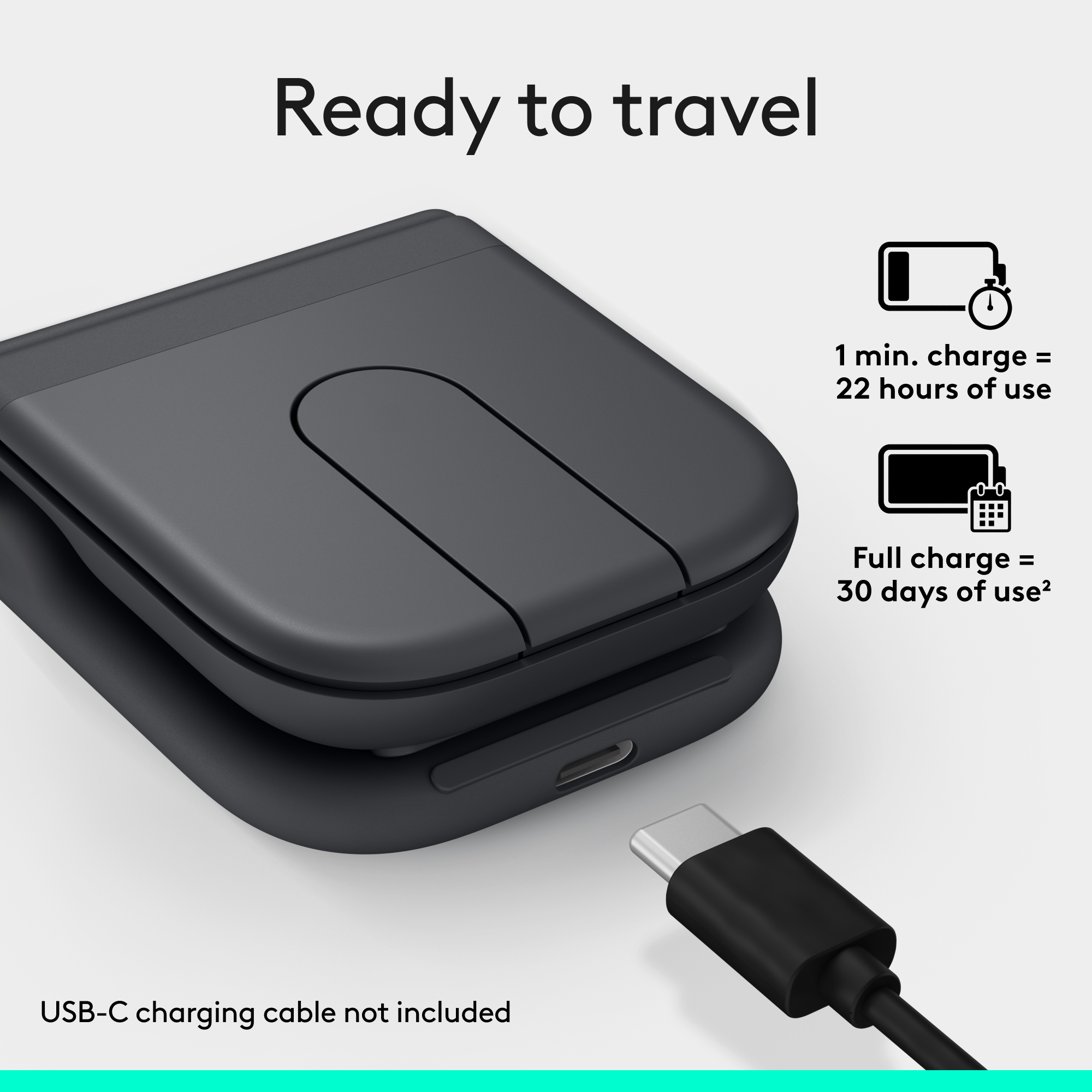 Custodia da viaggio nera con porta USB-C e indicatori di carica.