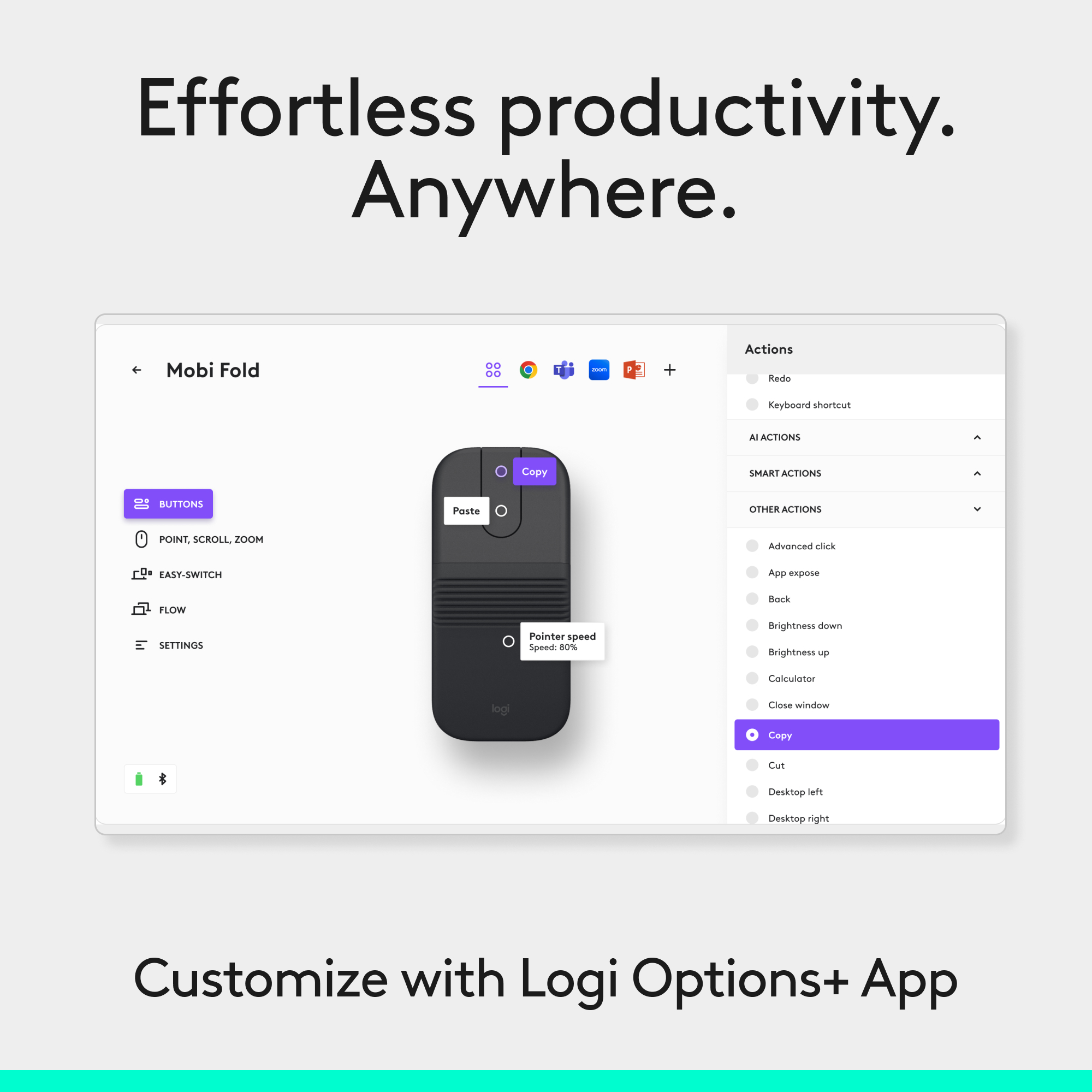 L'app Logi Options+ mostra impostazioni mouse. Sinistra opzioni, destra azioni come copia.