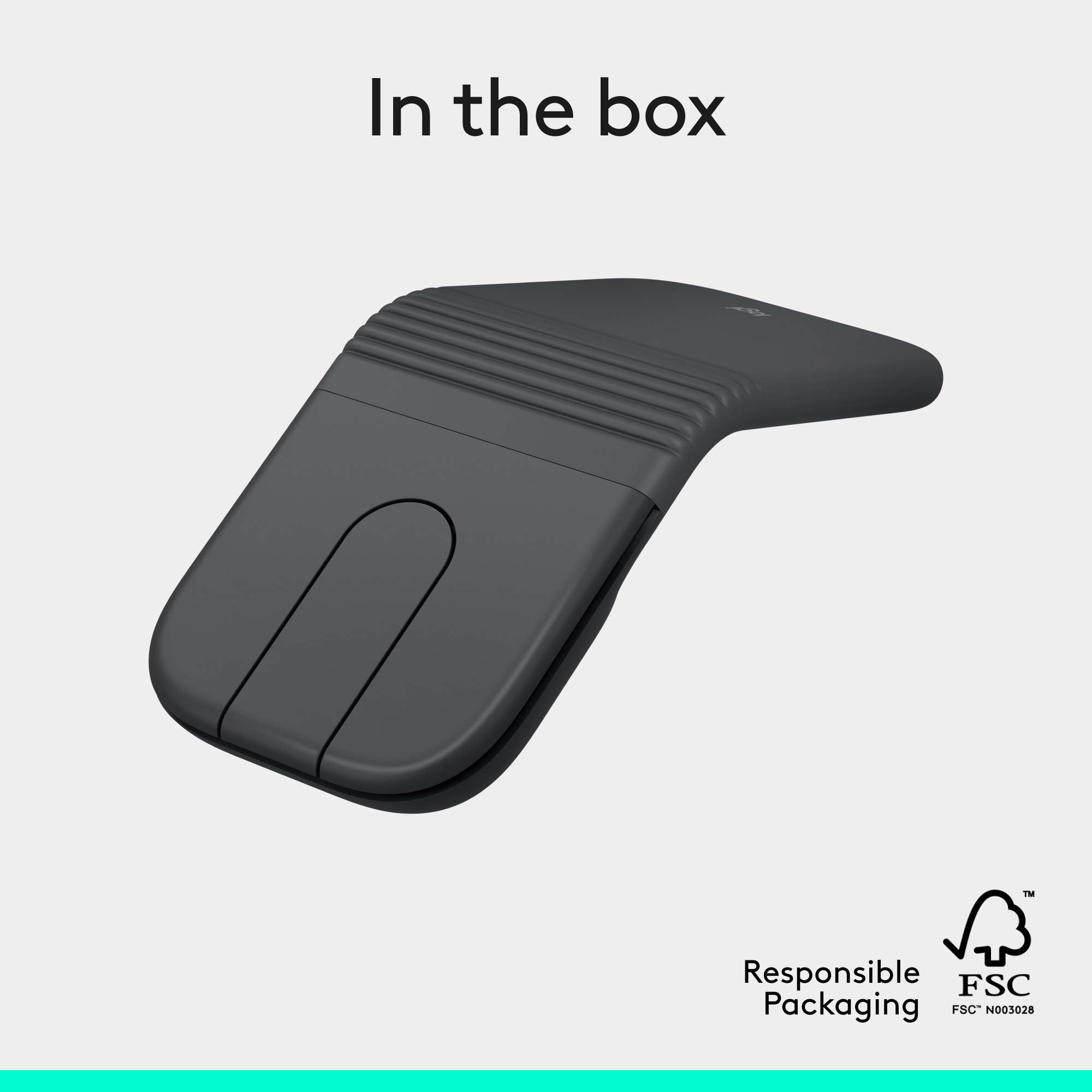 Un mouse grigio scuro con parte superiore scanalata e logo FSC.