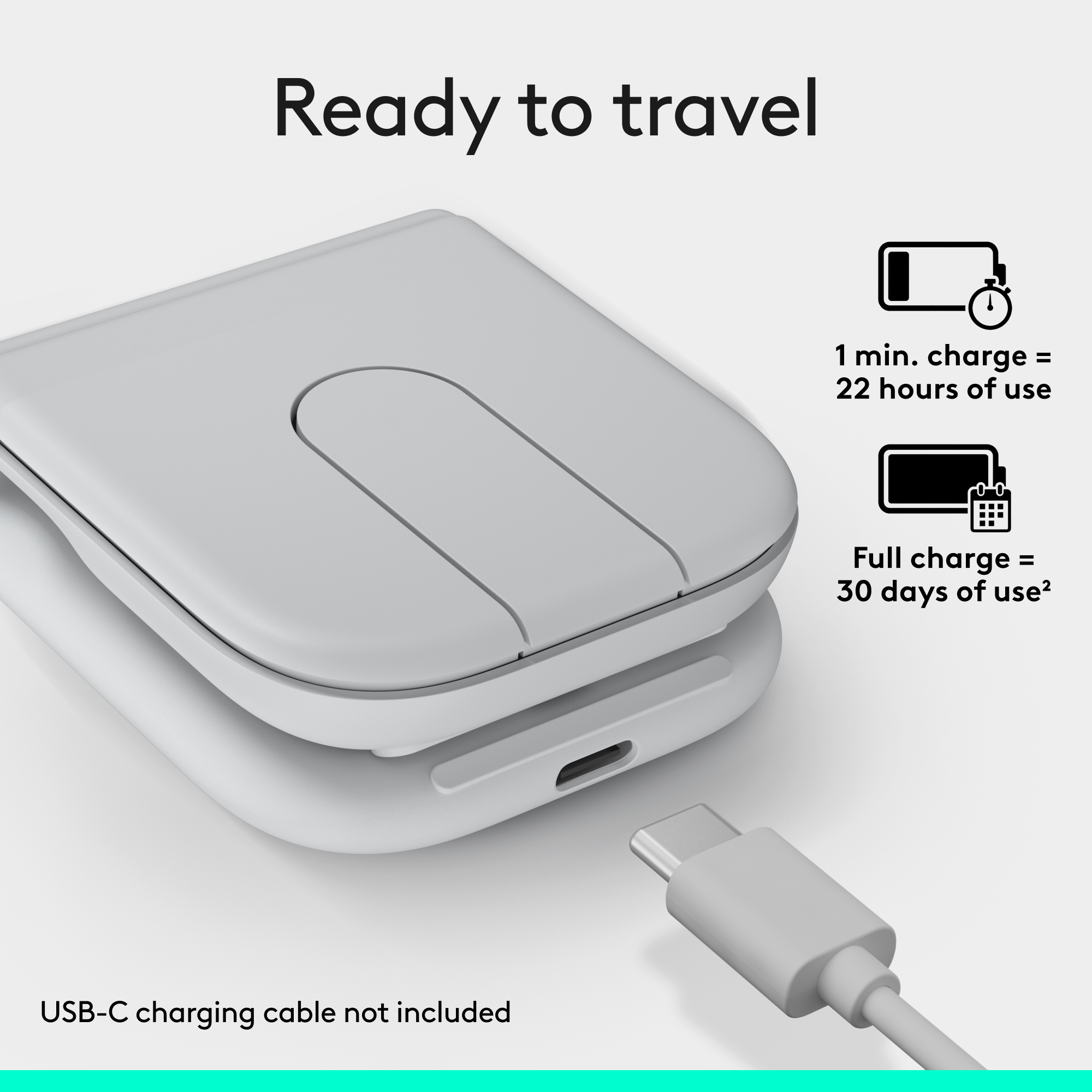 Una custodia da viaggio grigia con porta USB-C e informazioni di ricarica.