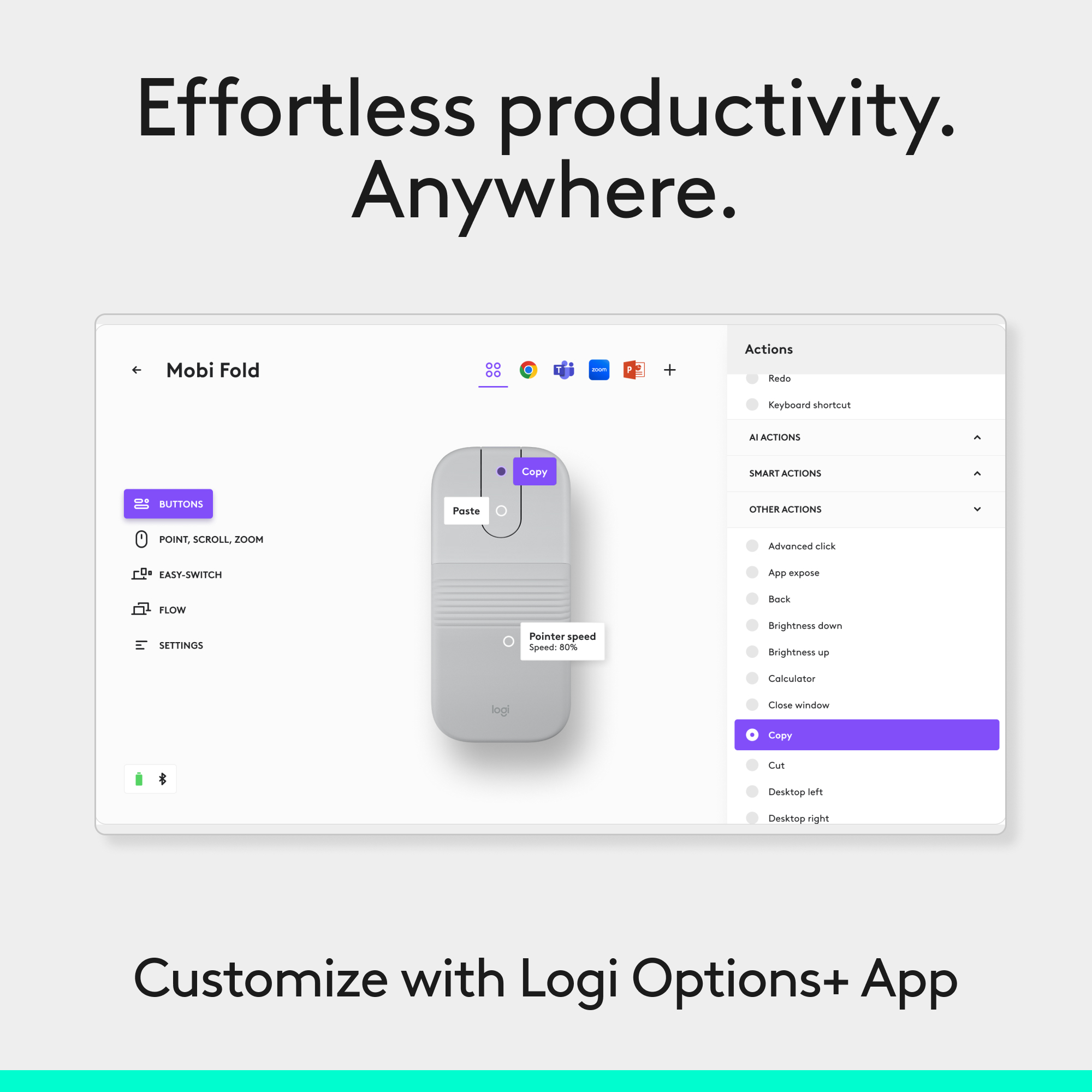 L'app Logi Options+ mostra un mouse e opzioni di personalizzazione come 'Copia'.