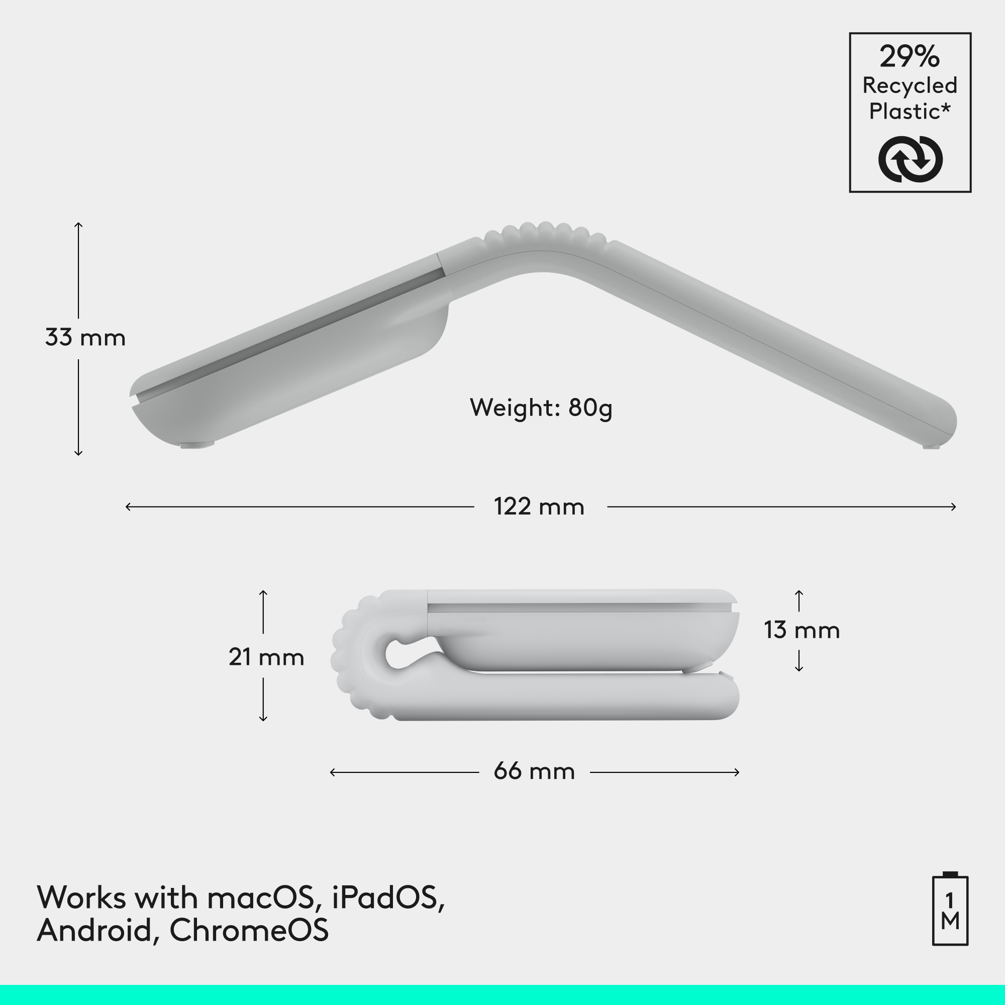 Un dispositivo grigio che mostra dimensioni e peso. È realizzato al 29% in plastica riciclata.