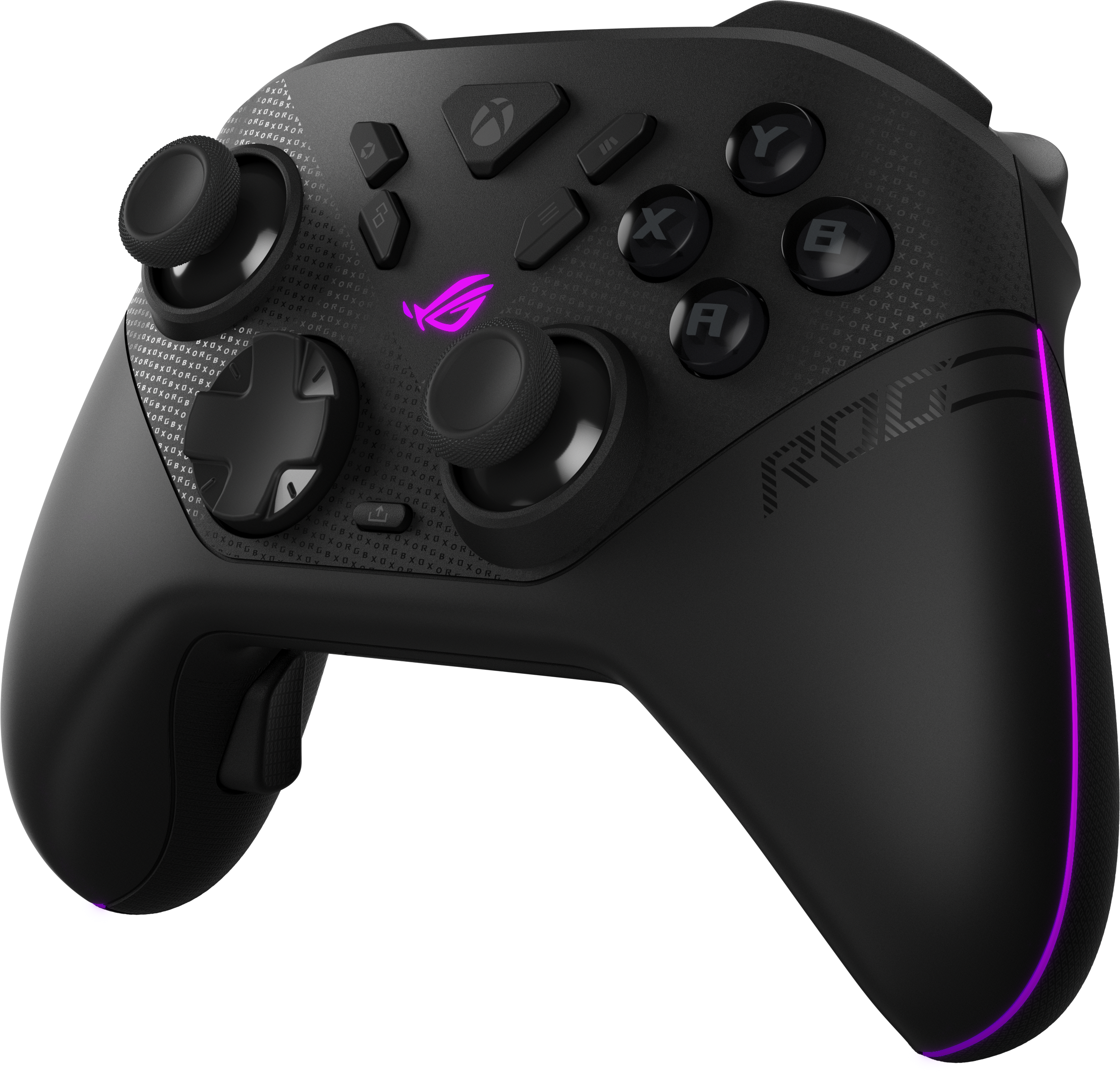 Manette de jeu noire avec accents violets et disposition des boutons.