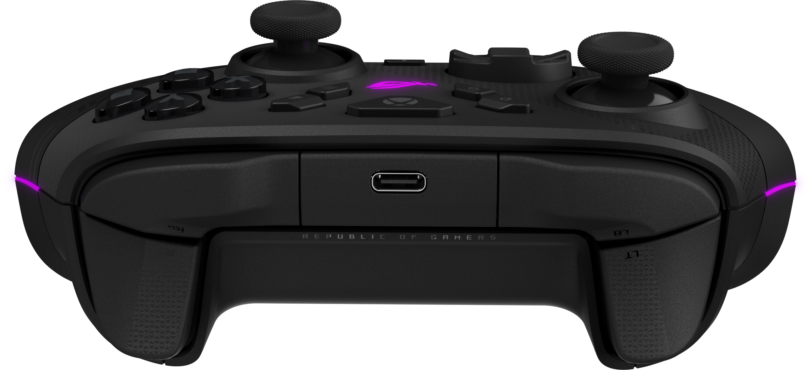 Manette de jeu noire avec port USB-C, joysticks et accents lumineux roses.