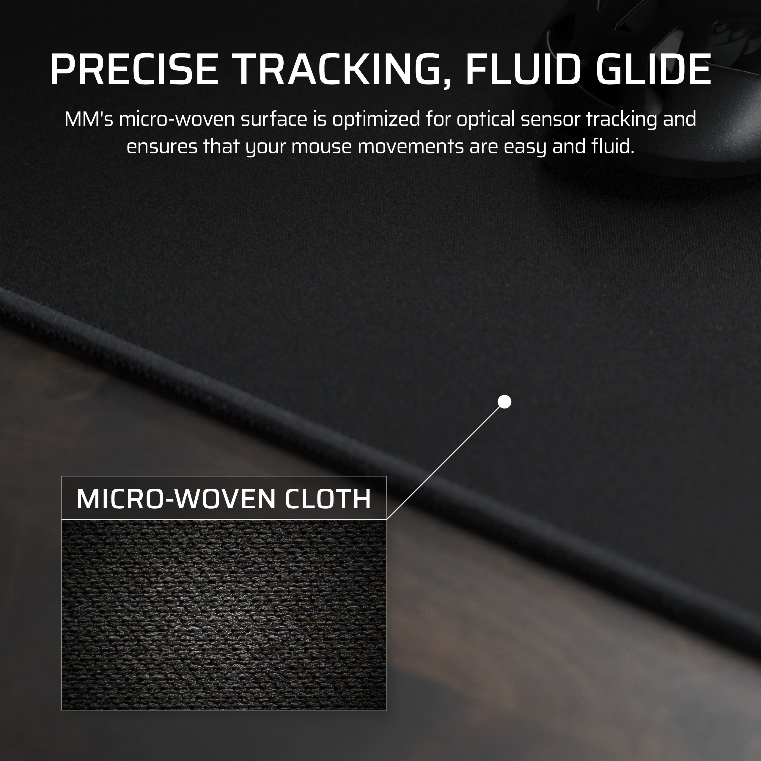 Tapis de souris noir avec texte et gros plan de sa surface micro-tissée.