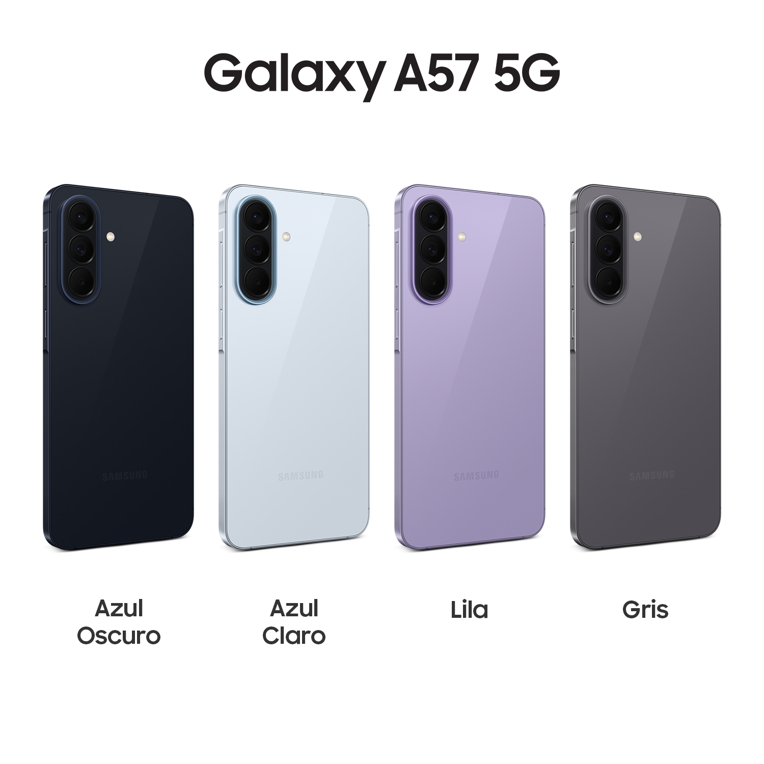 Cuatro smartphones Samsung Galaxy A57 5G en azul oscuro, azul claro, lila y gris.