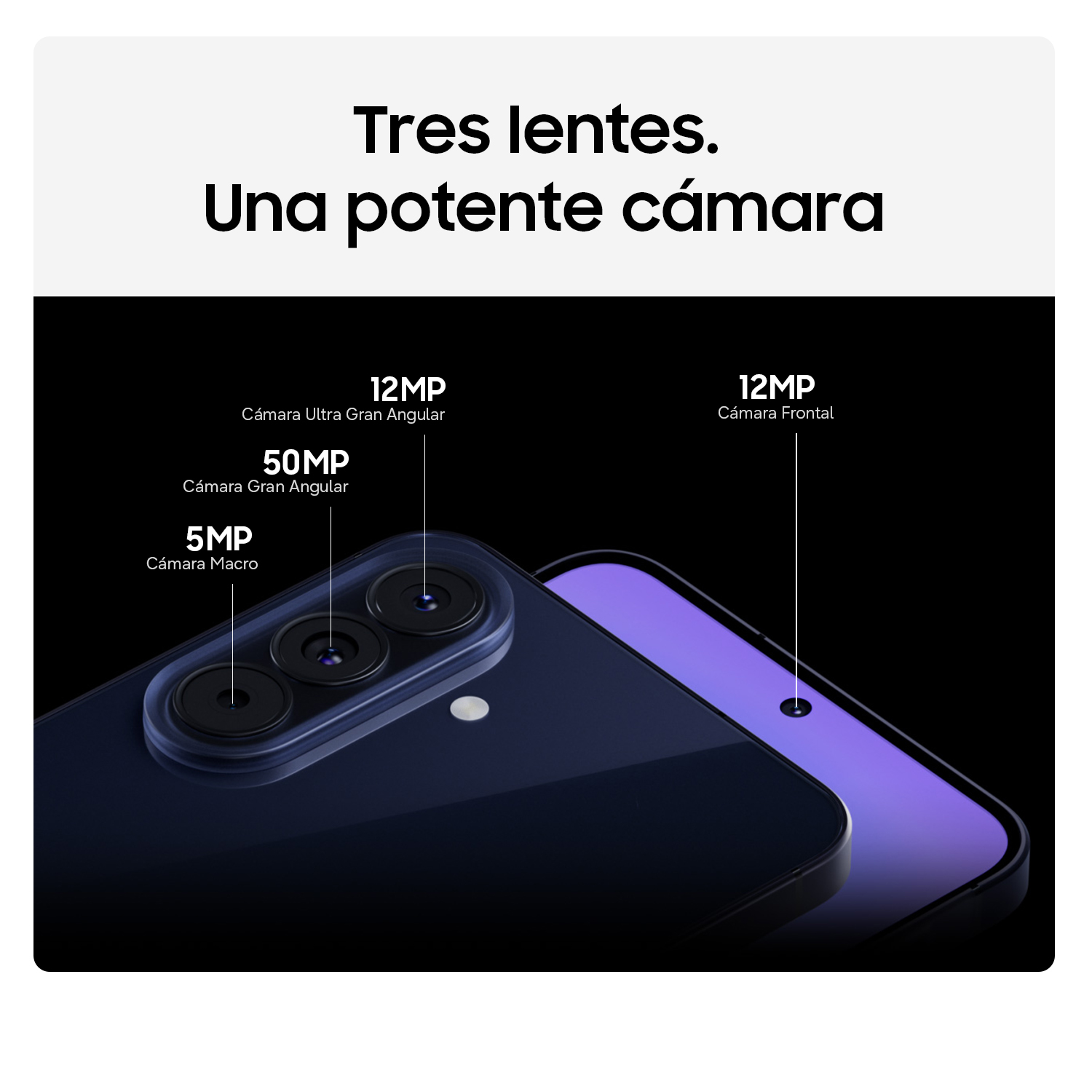 Un smartphone oscuro mostrando su configuración de triple cámara trasera.