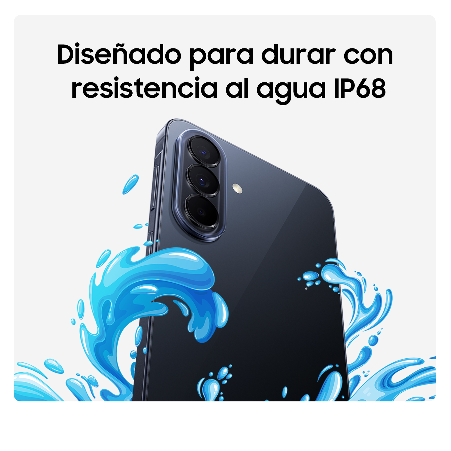 Un smartphone oscuro con salpicaduras de agua, indicando resistencia IP68.