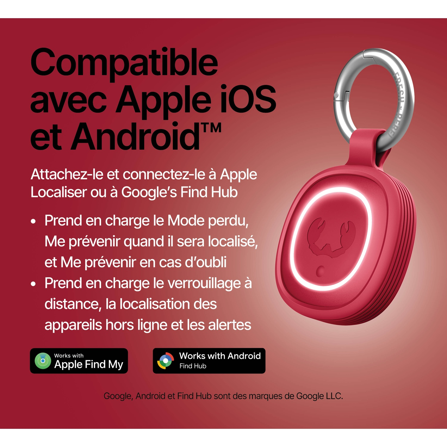 Traceur rouge avec anneau argenté, compatible Apple et Android.