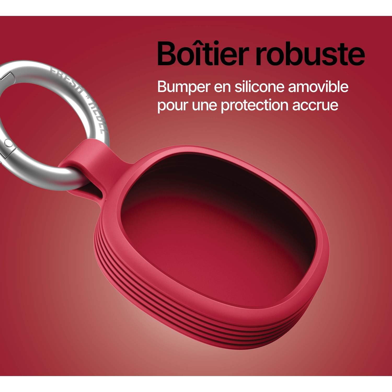 Boîtier robuste rouge avec mousqueton argenté, au premier plan.