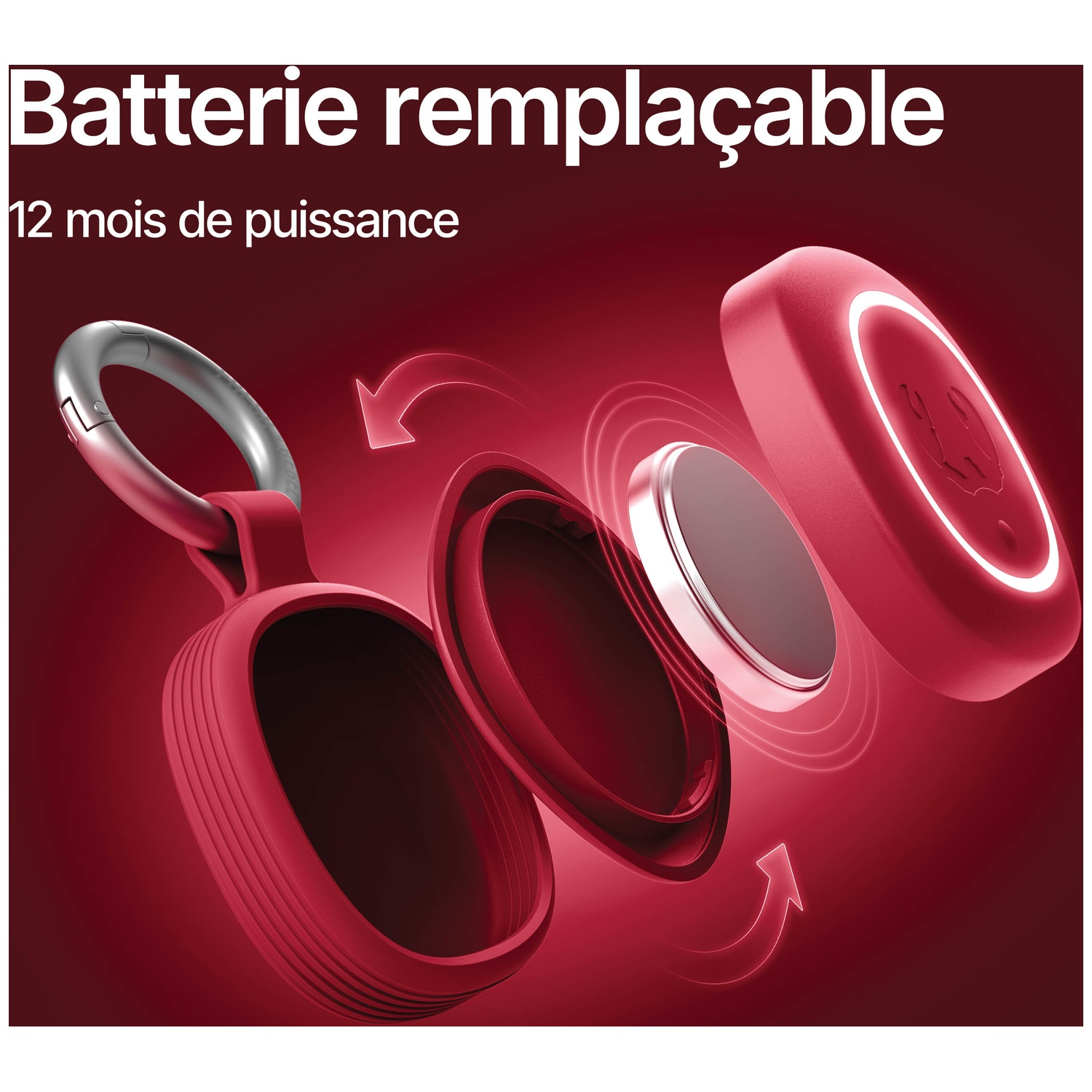 Porte-clés rouge avec batterie remplaçable et anneau argenté.