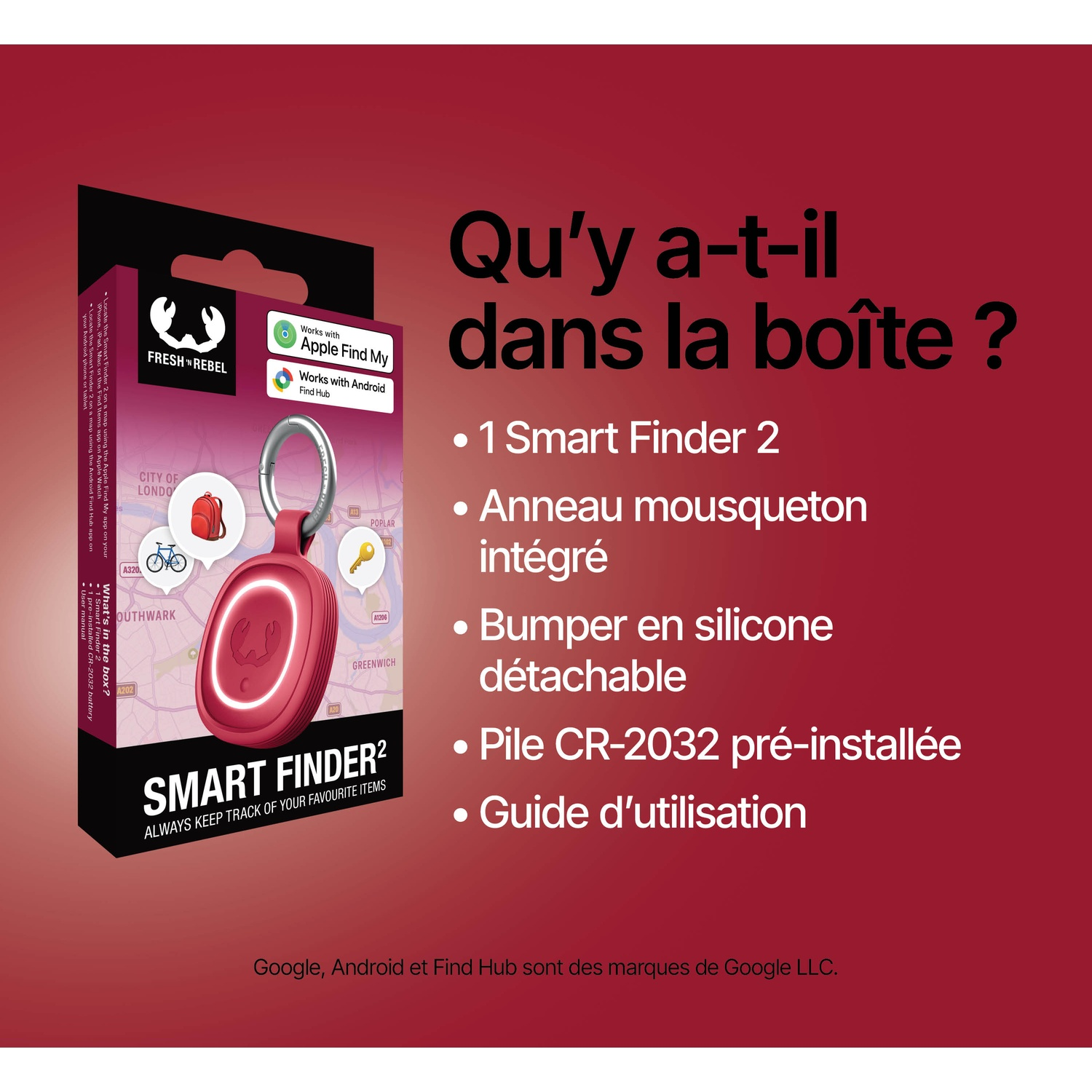 Contenu de la boîte : Smart Finder 2, mousqueton, bumper silicone, pile, manuel.