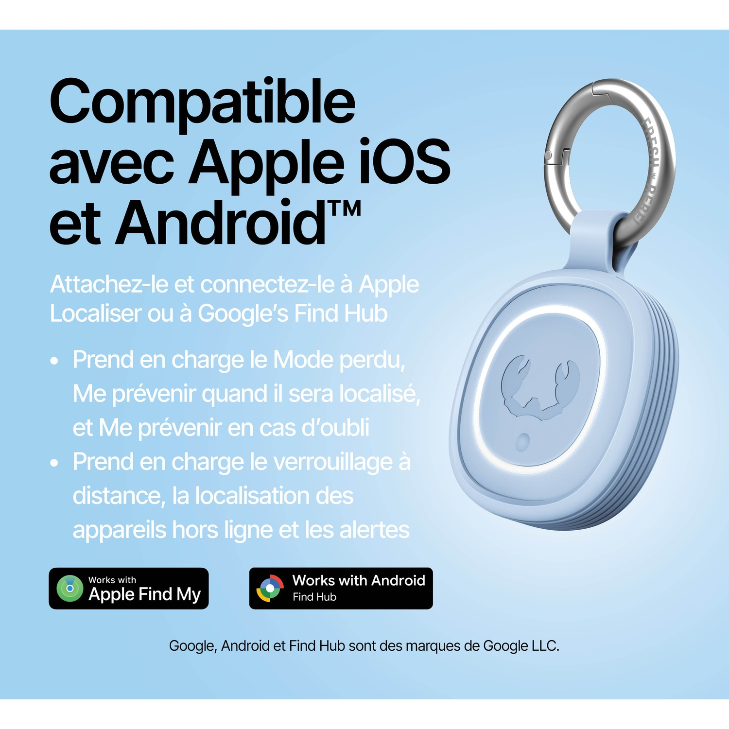 Un appareil de localisation bleu clair avec porte-clés, compatible Apple et Android.
