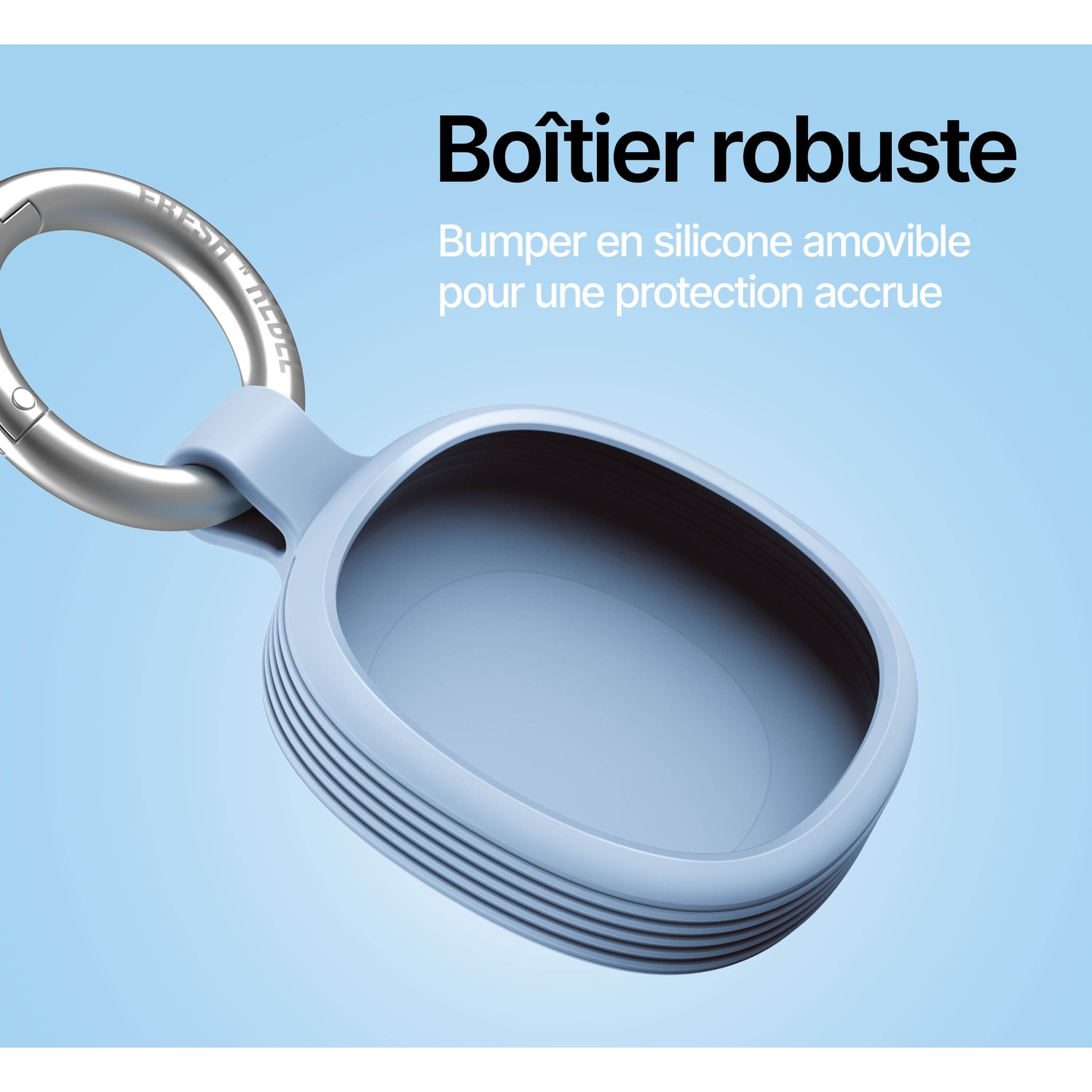 Boîtier robuste en silicone gris avec anneau argenté, sur fond bleu.
