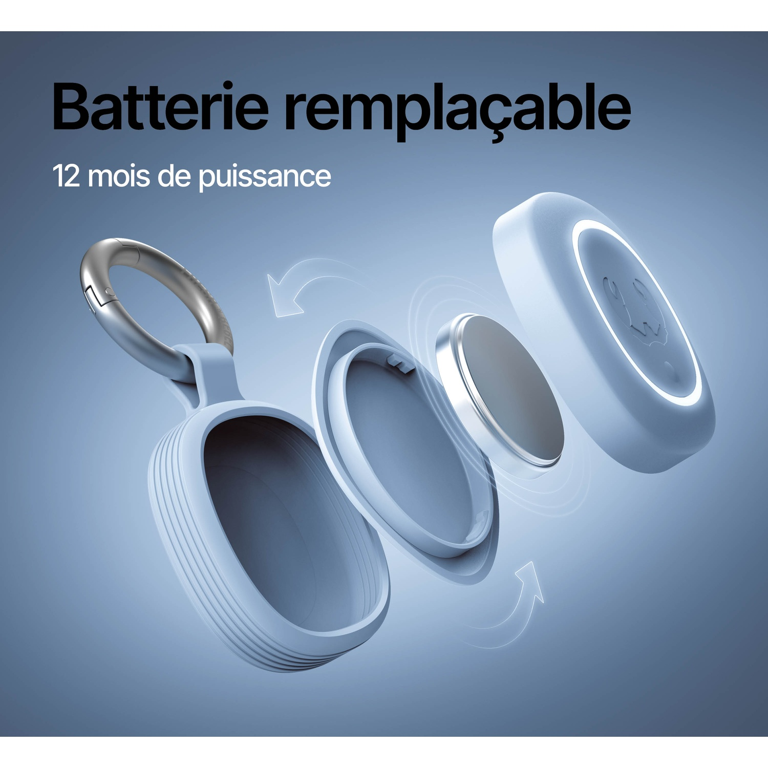Vue éclatée d'un étui bleu clair avec un porte-clés argenté, montrant une pile bouton.