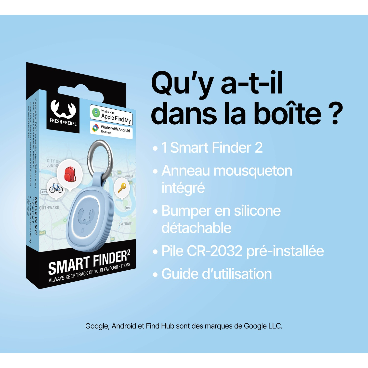 Contenu de la boîte : Un Smart Finder 2 bleu avec mousqueton, bumper et batterie.