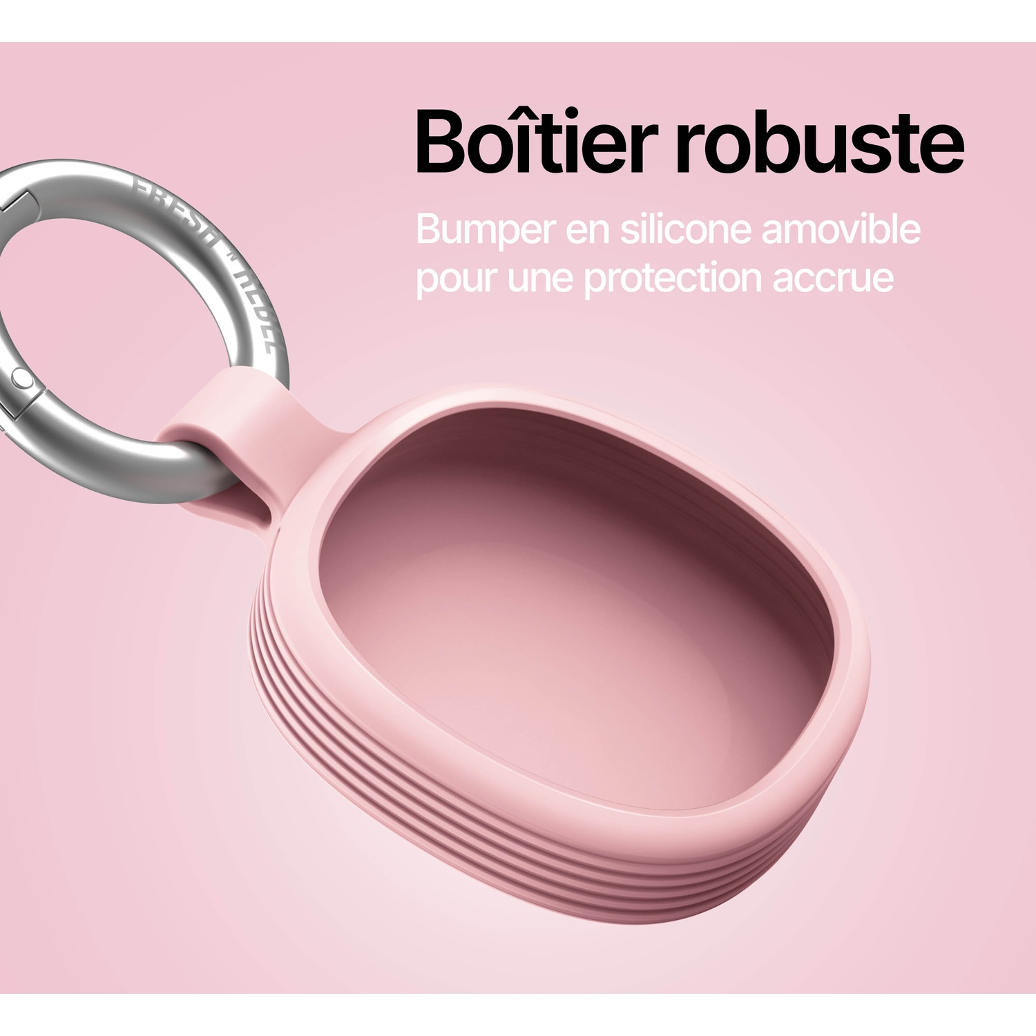 Boîtier robuste rose avec bumper silicone amovible et clip métal.